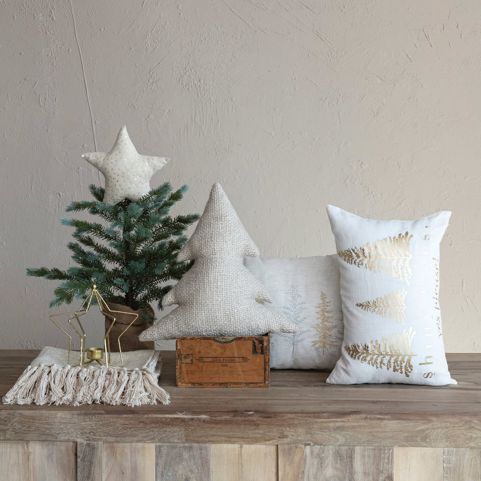 Hello Honey® 18" Natural & Metallic Gold Thread Cotton Slub Tree-Shaped Throw Pillow