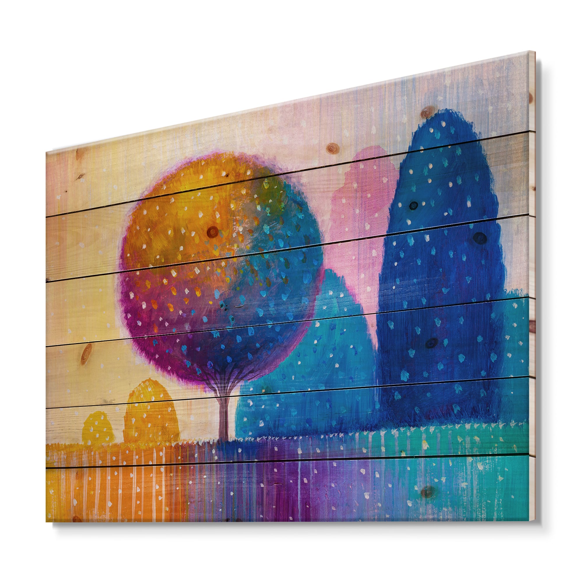 Designart - Colourful Ornamental Trees X - Modern Print on Natural Pine Wood