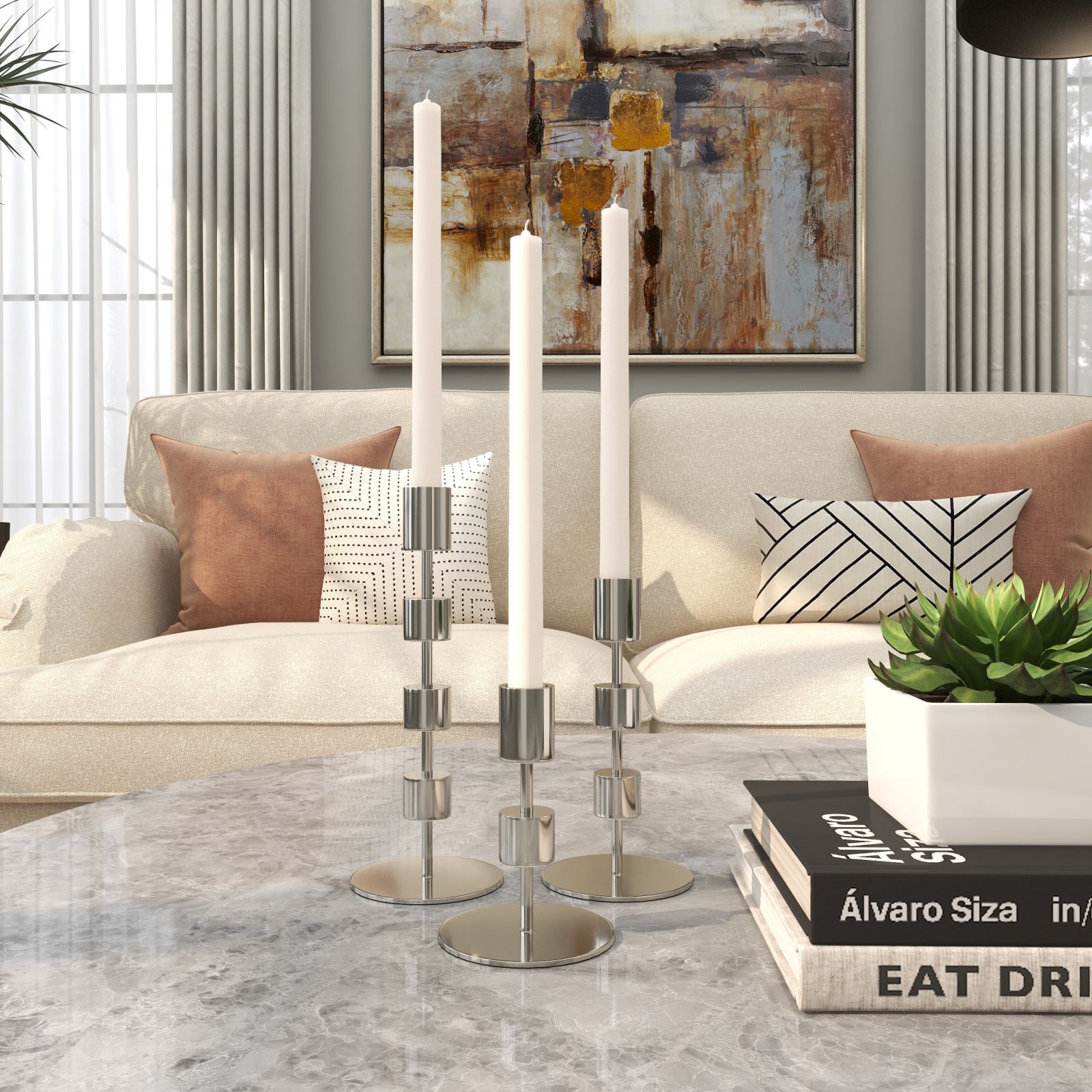 Silver Aluminum Floating Block Abstract Candle Holder with Rounded Base Set