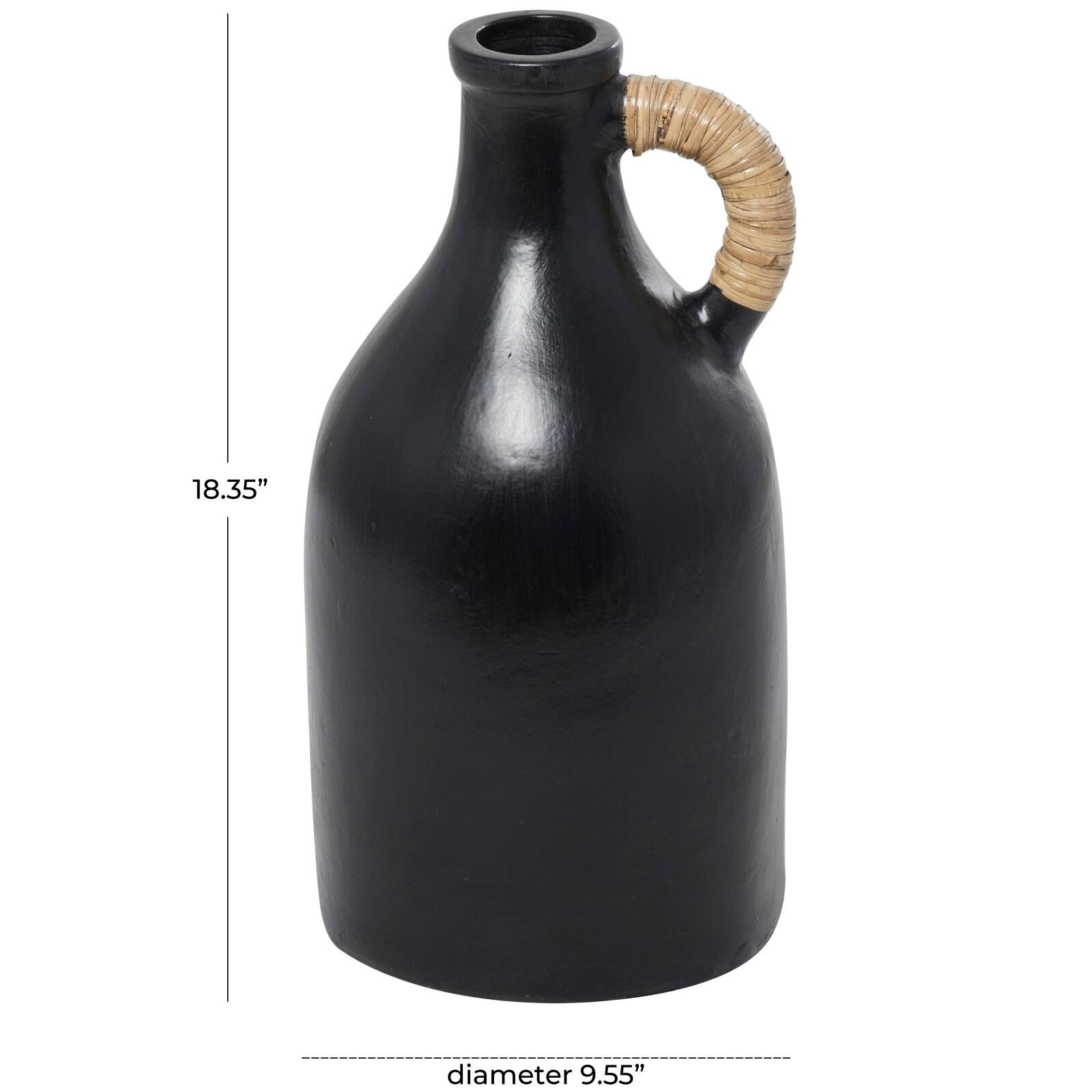18" Black Ceramic Jug Inspired Vase with Rattan Wrapped Handle