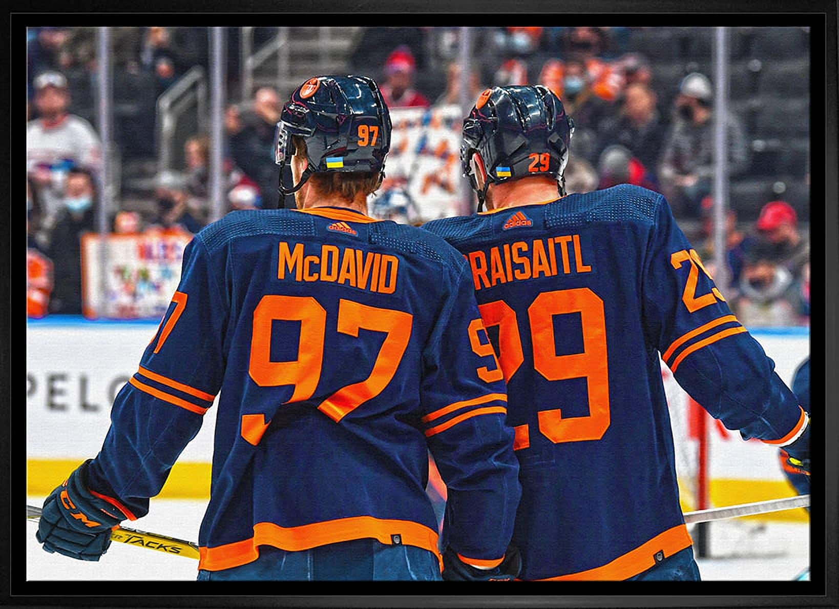 Connor McDavid and Leon Draisaitl 20" x 29" Framed Canvas Oilers Alternate Jersey Behind-H 31.5" x 22.5"