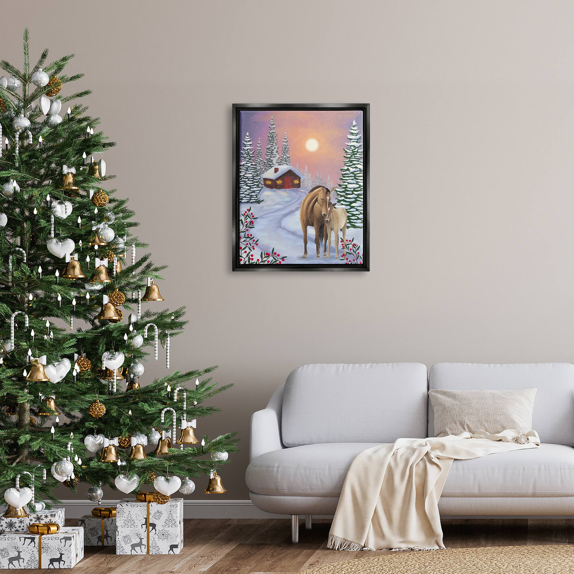 Stupell Industries Holiday Horses Winter Scene Framed Floater Canvas Wall Art