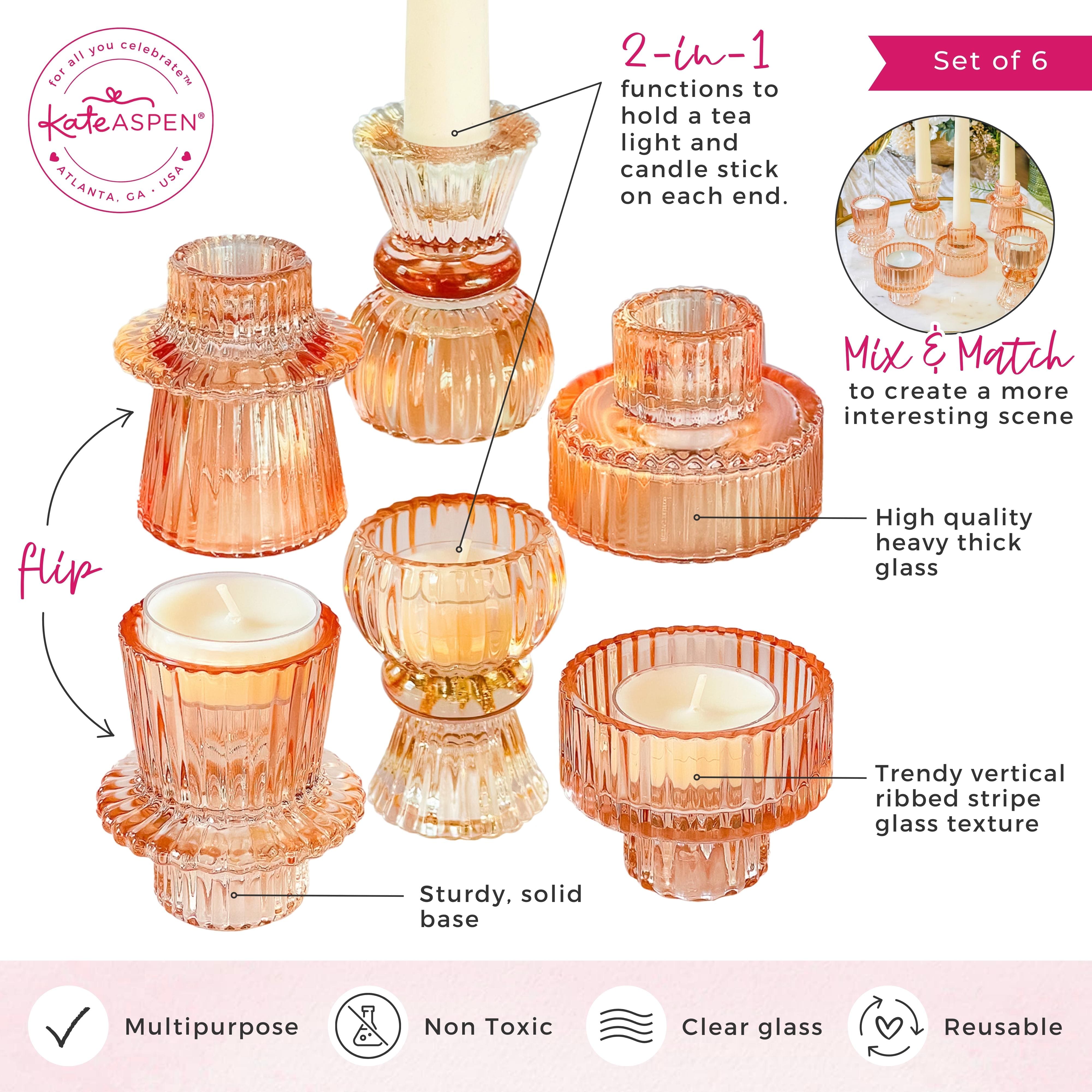 Kate Aspen® Assorted Vintage Ribbed Rose Gold Pink Glass Candlestick Candle Holder Set