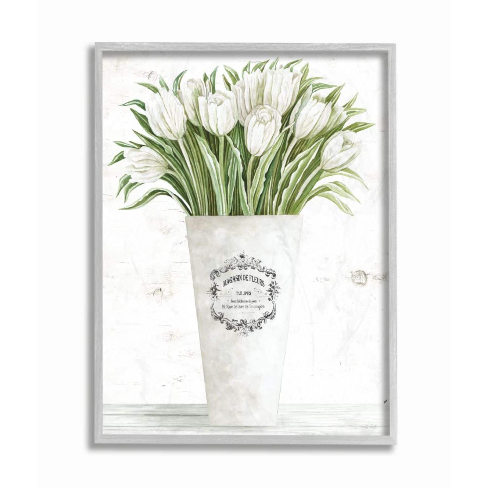 Stupell Industries White Tulip Bouquet in Parisian Vase with Gray Frame Wall Accent