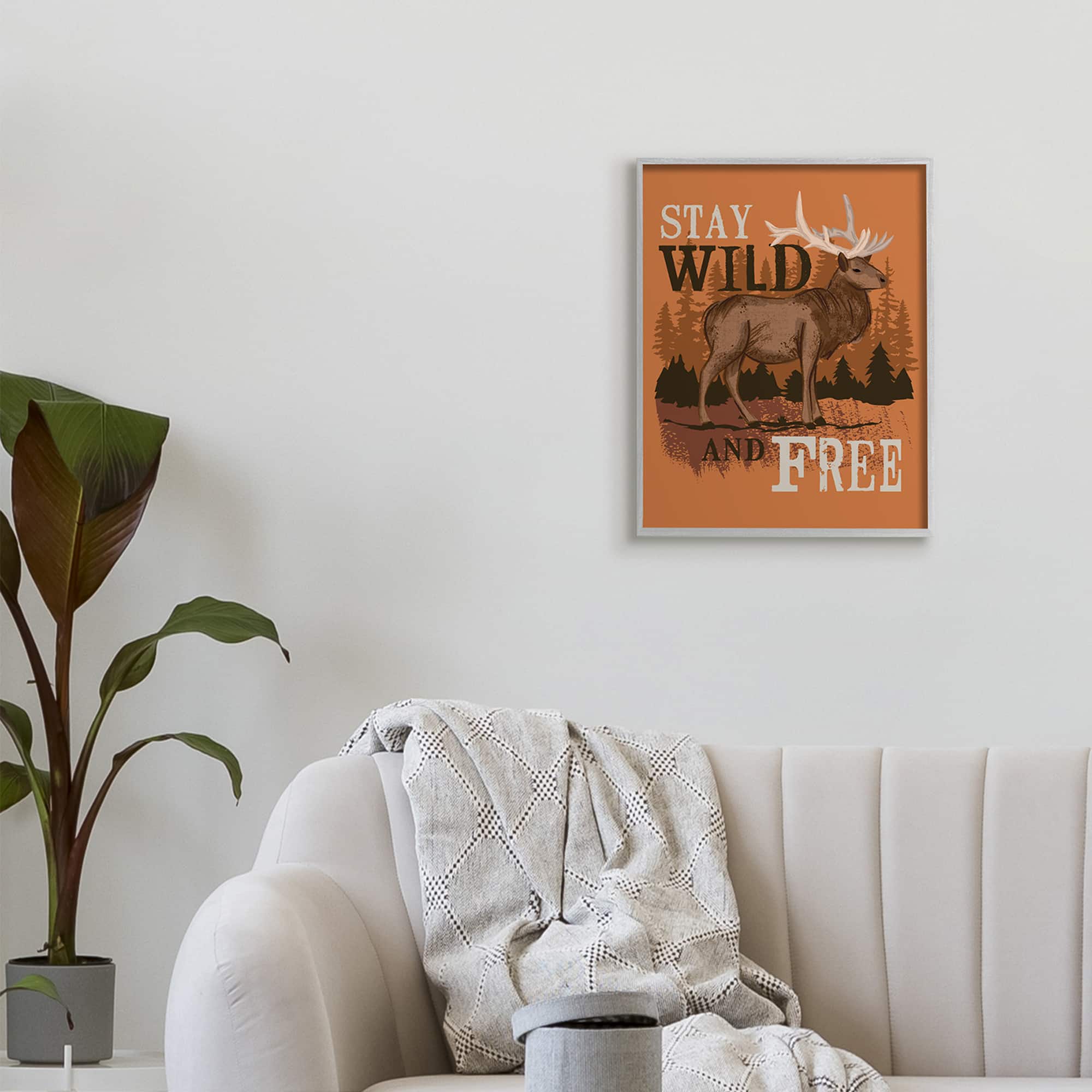 Stupell Industries Stay Wild and Free Phrase Forest Elk Landscape in Gray Frame Wall Art