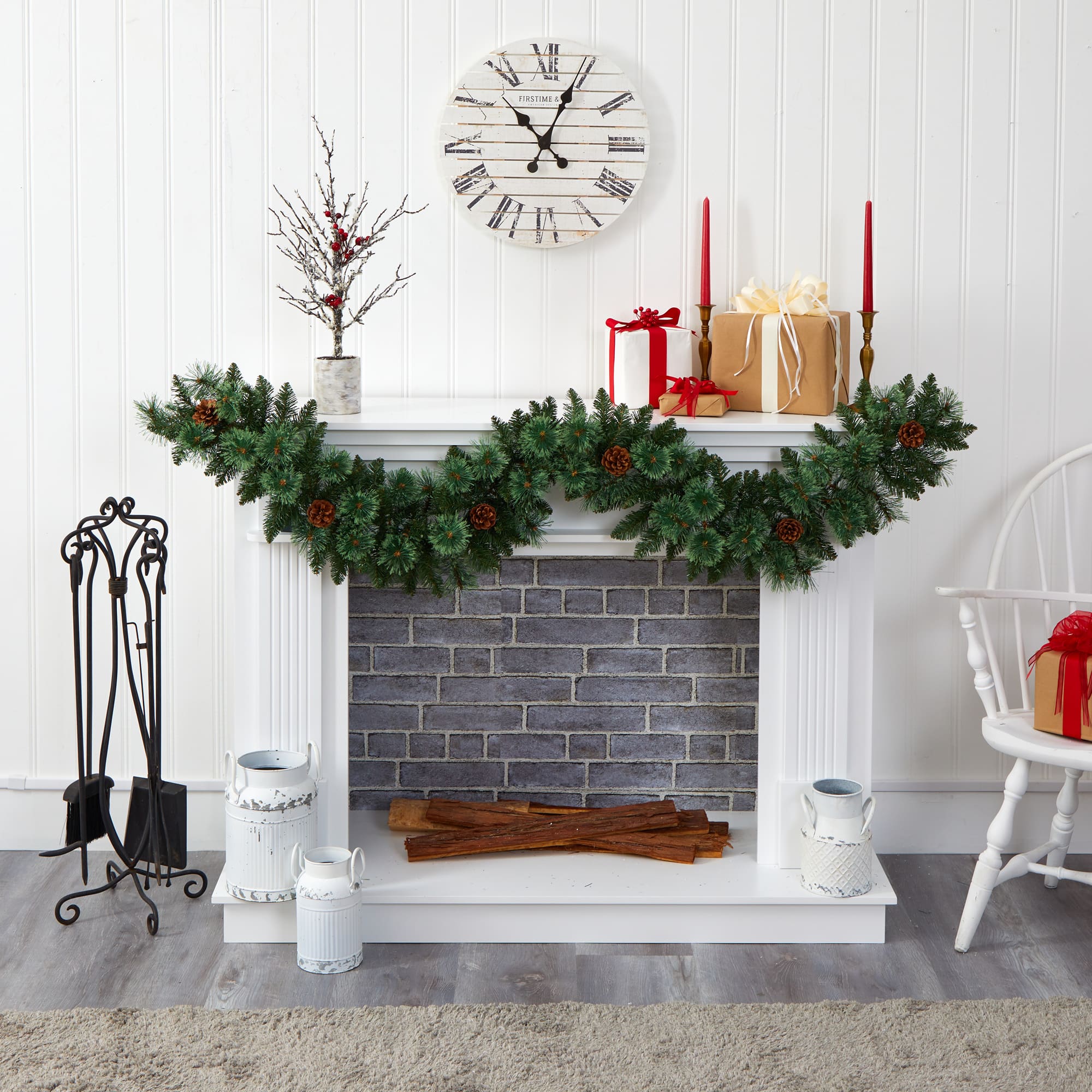 6ft. Pre-Lit White Warm LED White Mountain Pine & Pinecones Artificial Garland