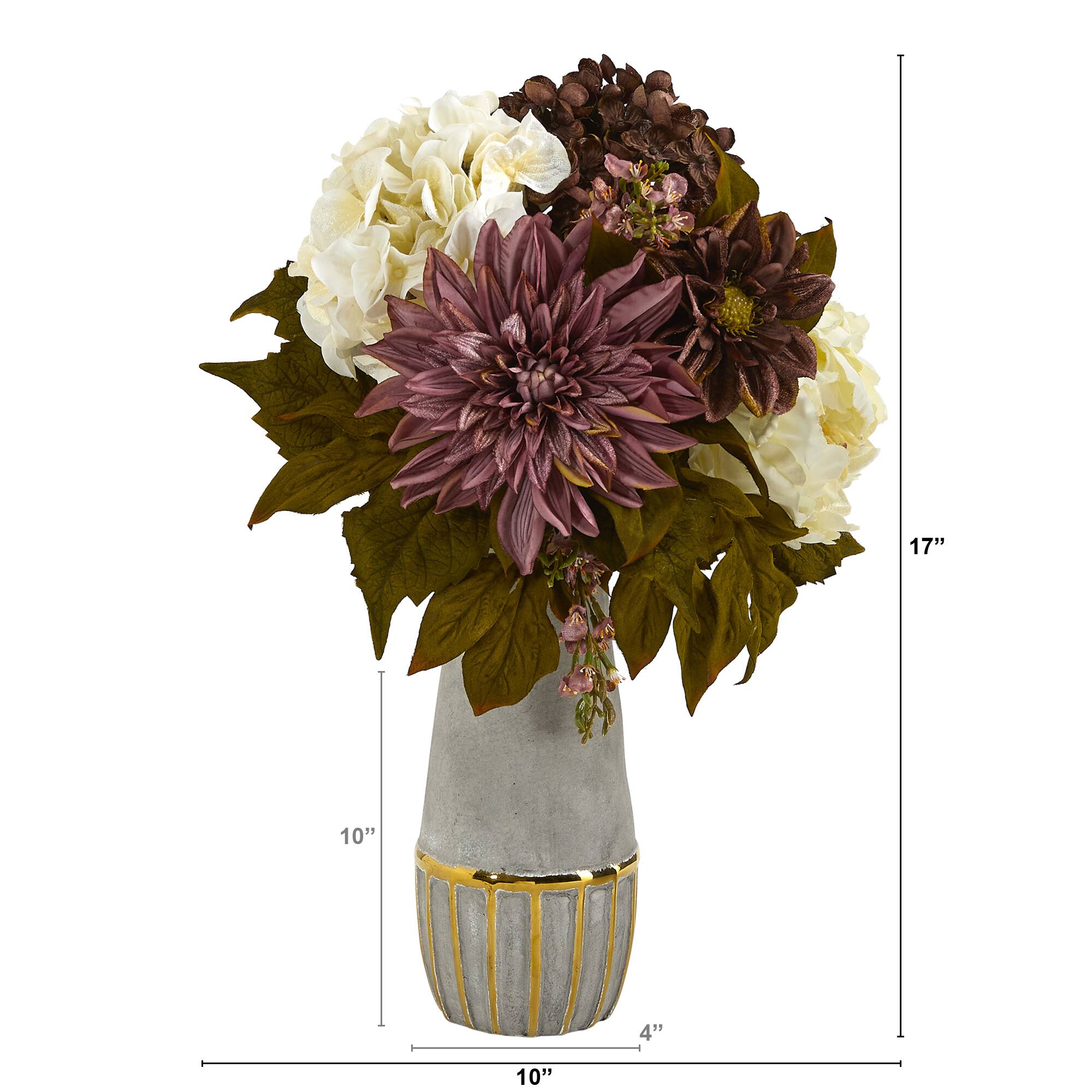 17" Peony, Hydrangea & Dahlia Arrangement in Gold Trimmed Stoneware Vase