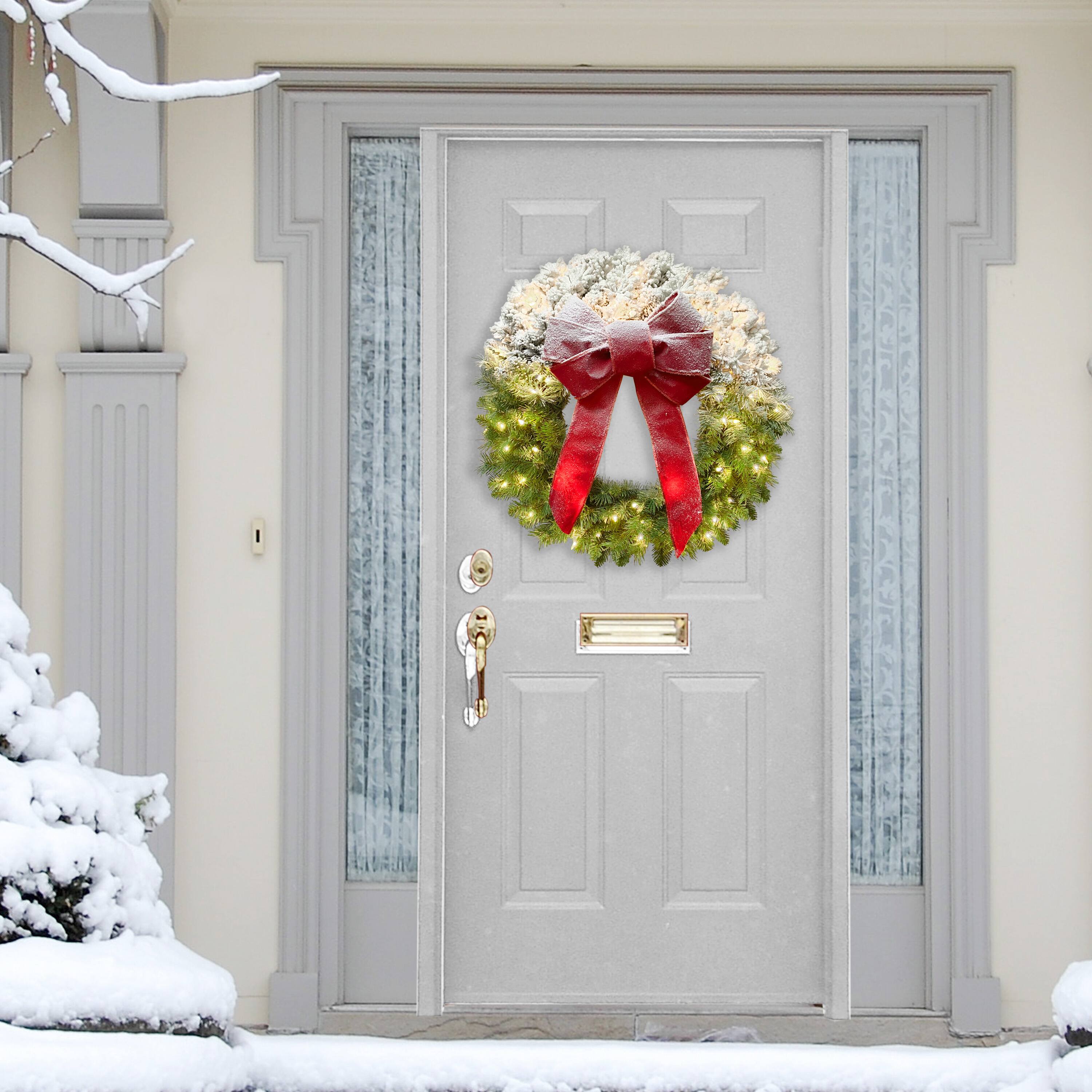 6 Pack: 30" Pre-Lit Half-Flocked Pine & Red Ribbon Wreath
