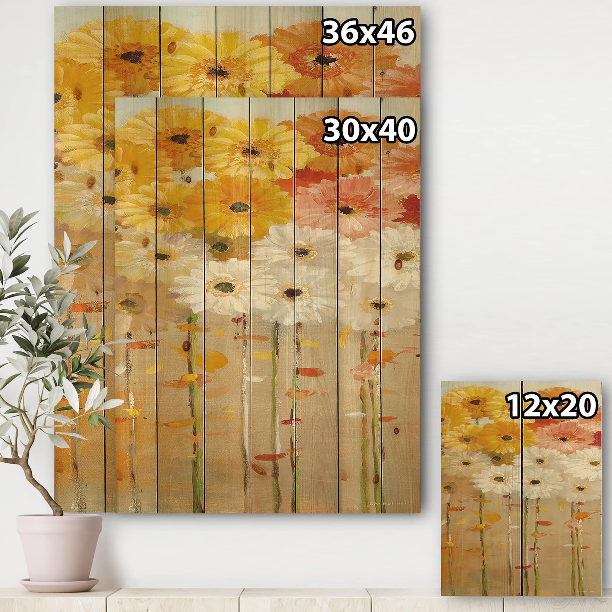 Designart - Daisies Fall I - Floral & Botanical Print on Natural Pine Wood