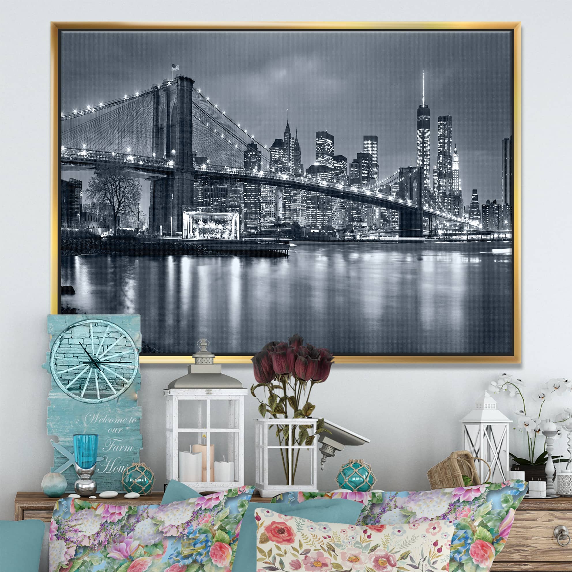 Designart - Panorama New York City at Night - Cityscape Framed Canvas Print