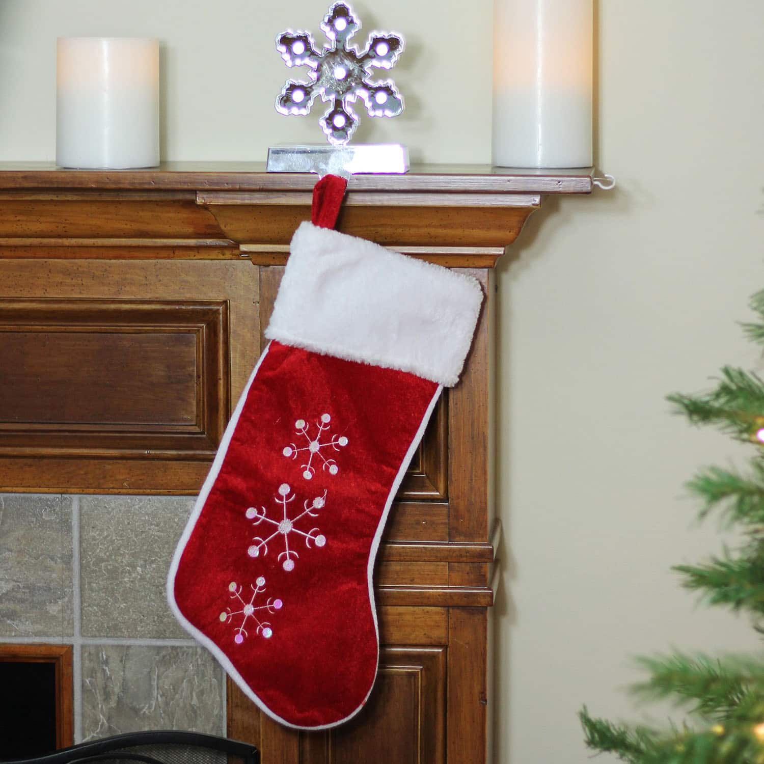 19" Red Velvet Embroidered & Sequined Snowflake Christmas Stocking