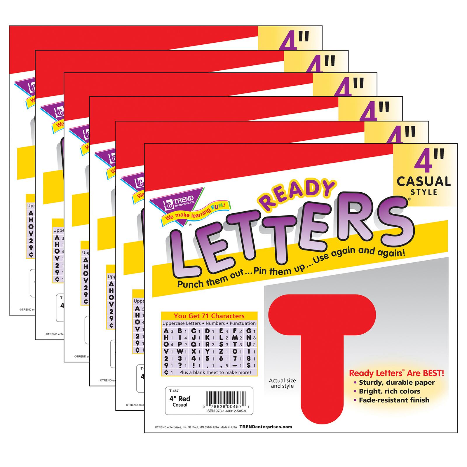 TREND Enterprises® Red 4" Casual Uppercase Ready Letters®, 6 Packs