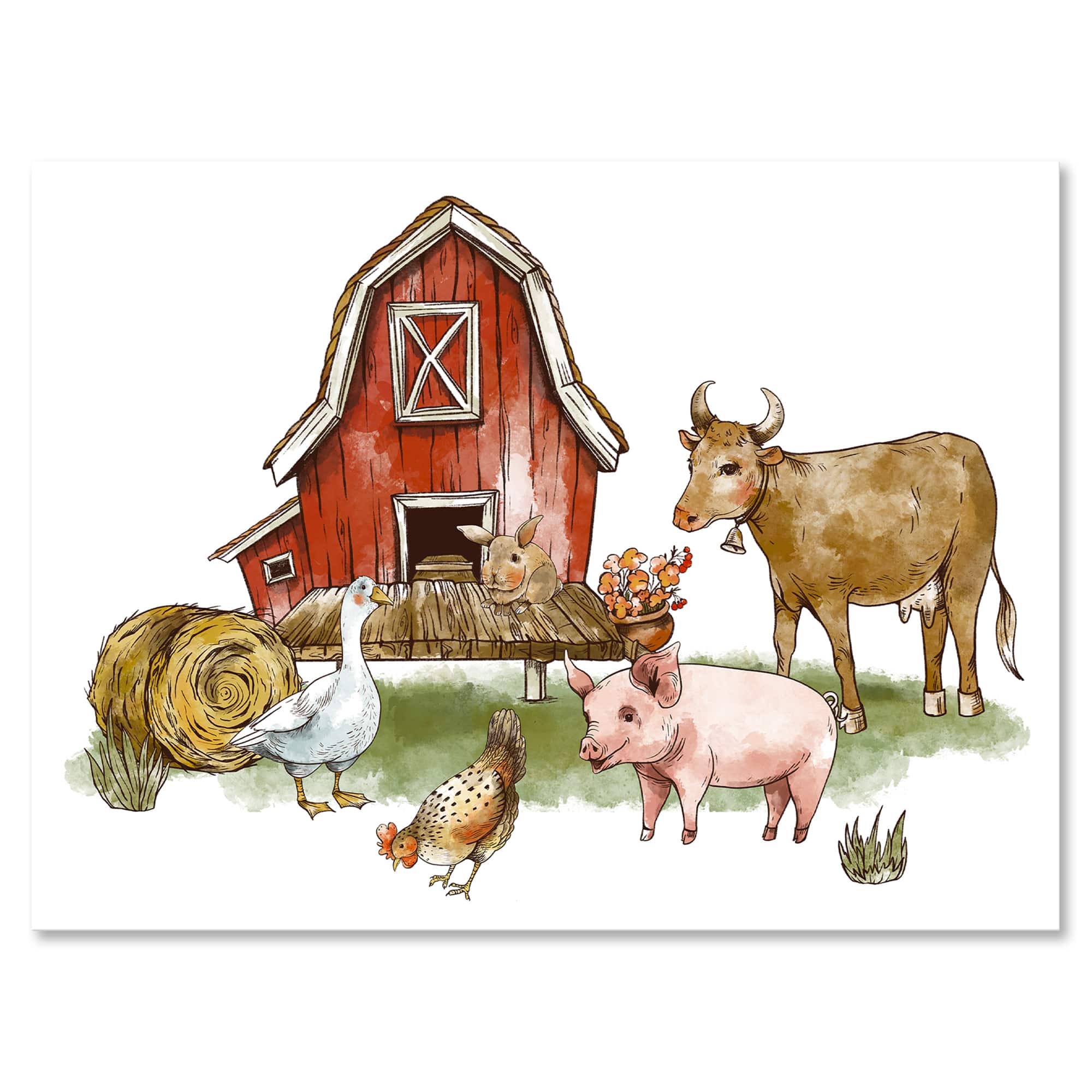 Designart - Farm House With Goose Chicken Cow Pig and Haystack - Rustic Canvas Wall Art Print