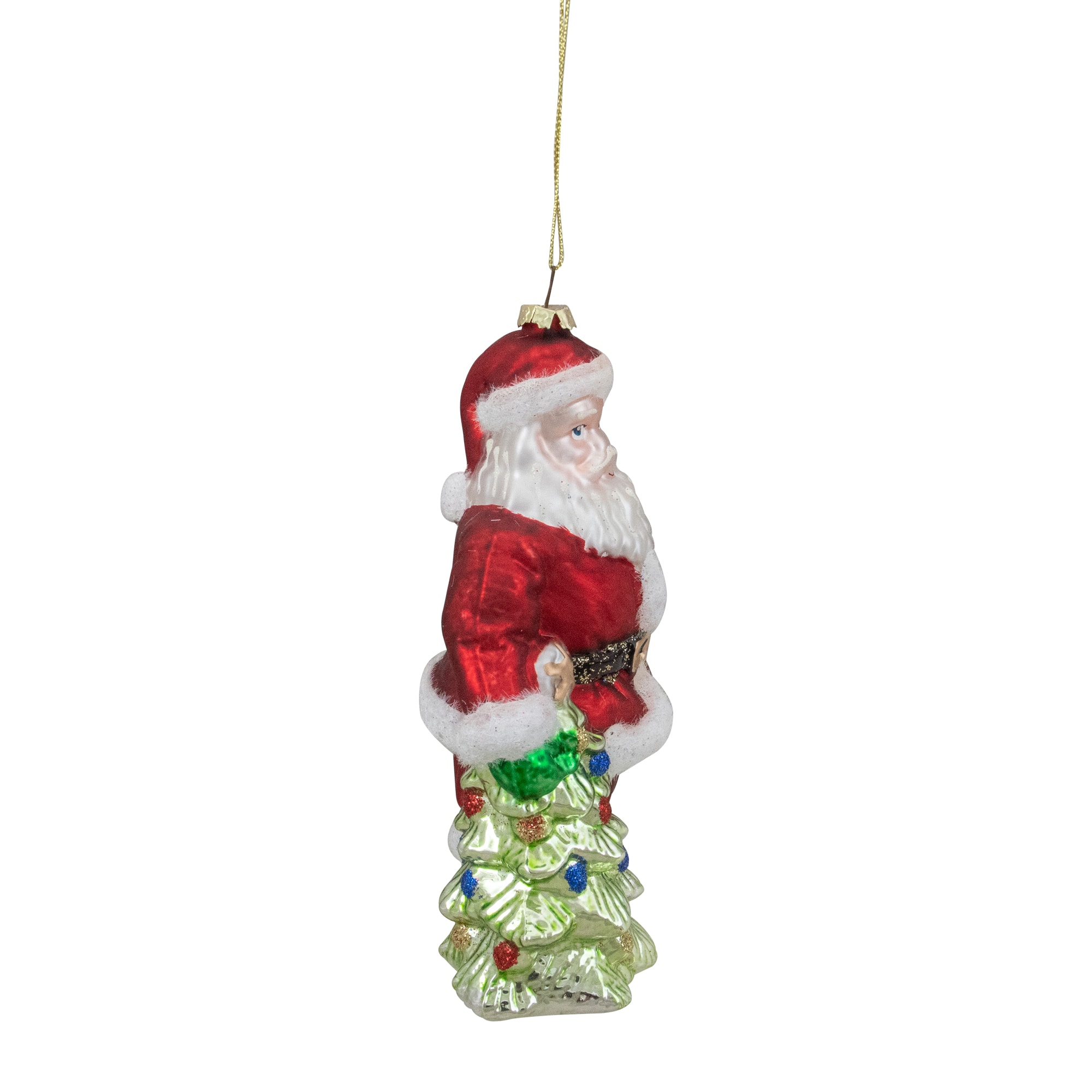 5.5" Red Classic Santa With Tree Hanging Glass Christmas Ornament