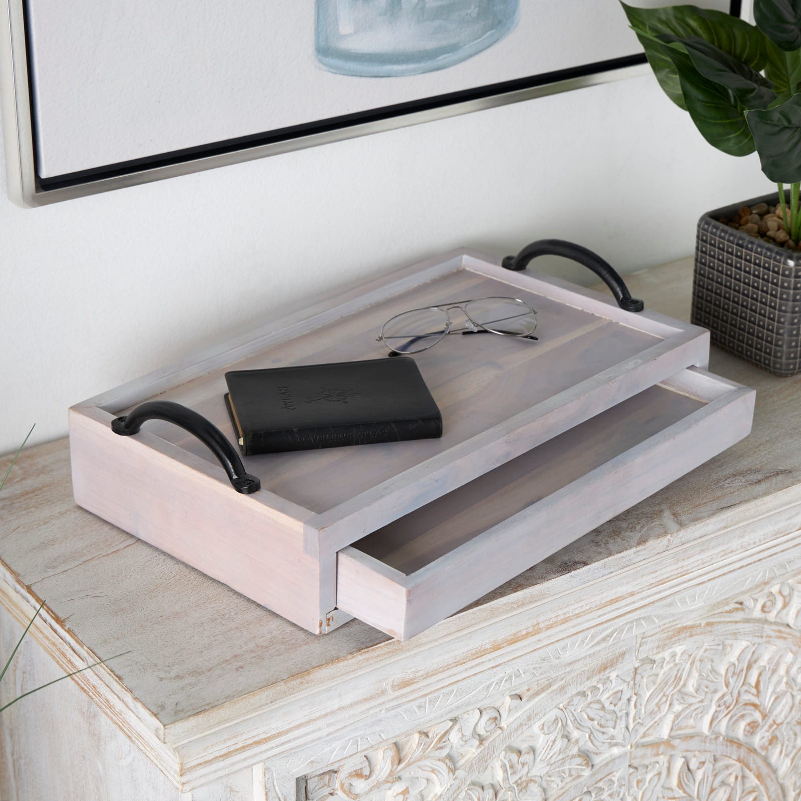 18.25" Wood Hidden Drawer Tray with Black Metal Handles