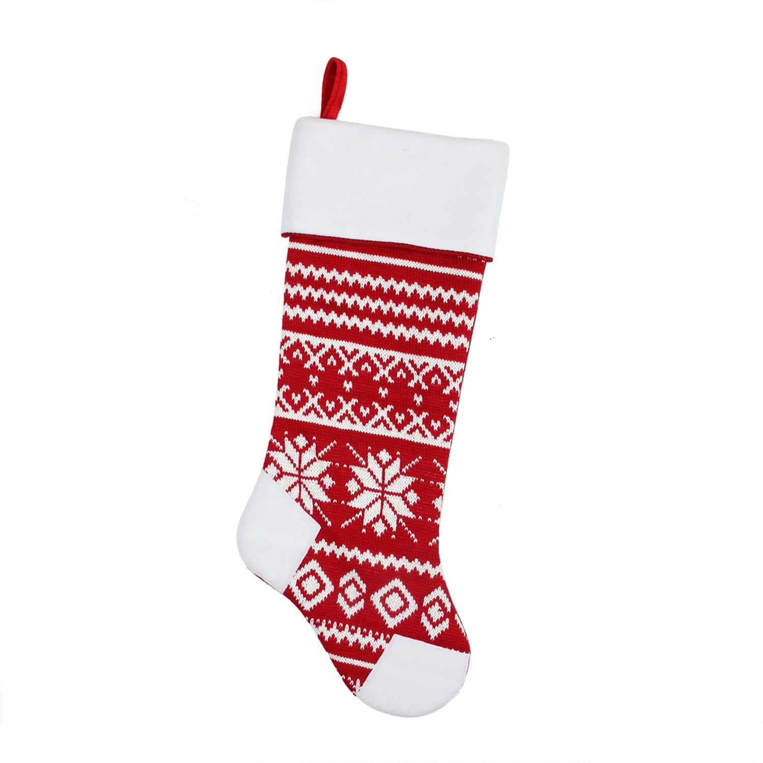 21.5'' Red and White Knitted Snowflake Christmas Stocking with Fleece Cuff, One Size, Red