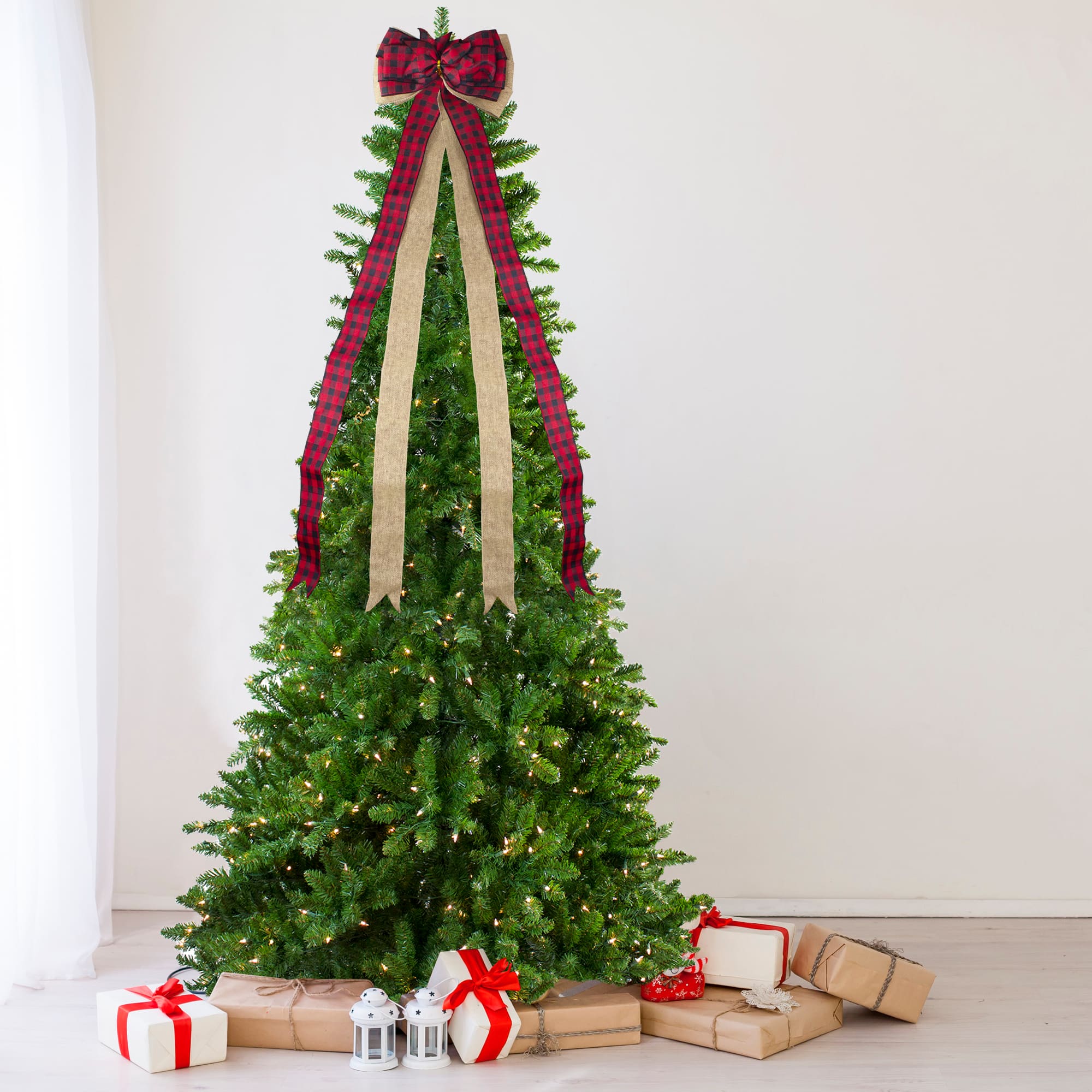 48" x 10" Burlap and Buffalo Plaid 16 Loop Christmas Bow Decoration