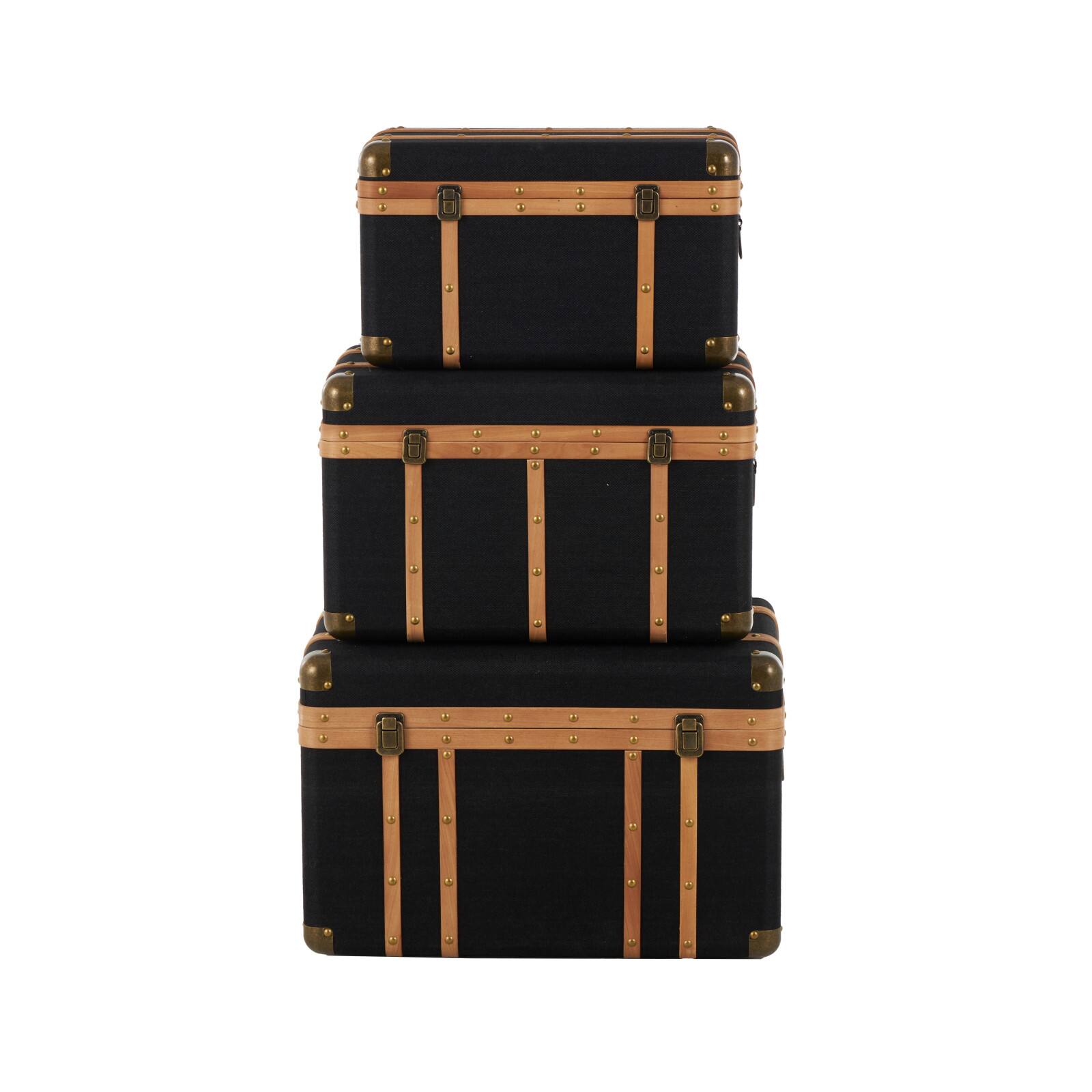 Black Fabric Decorative Trunk Set with Brass Metal Latches