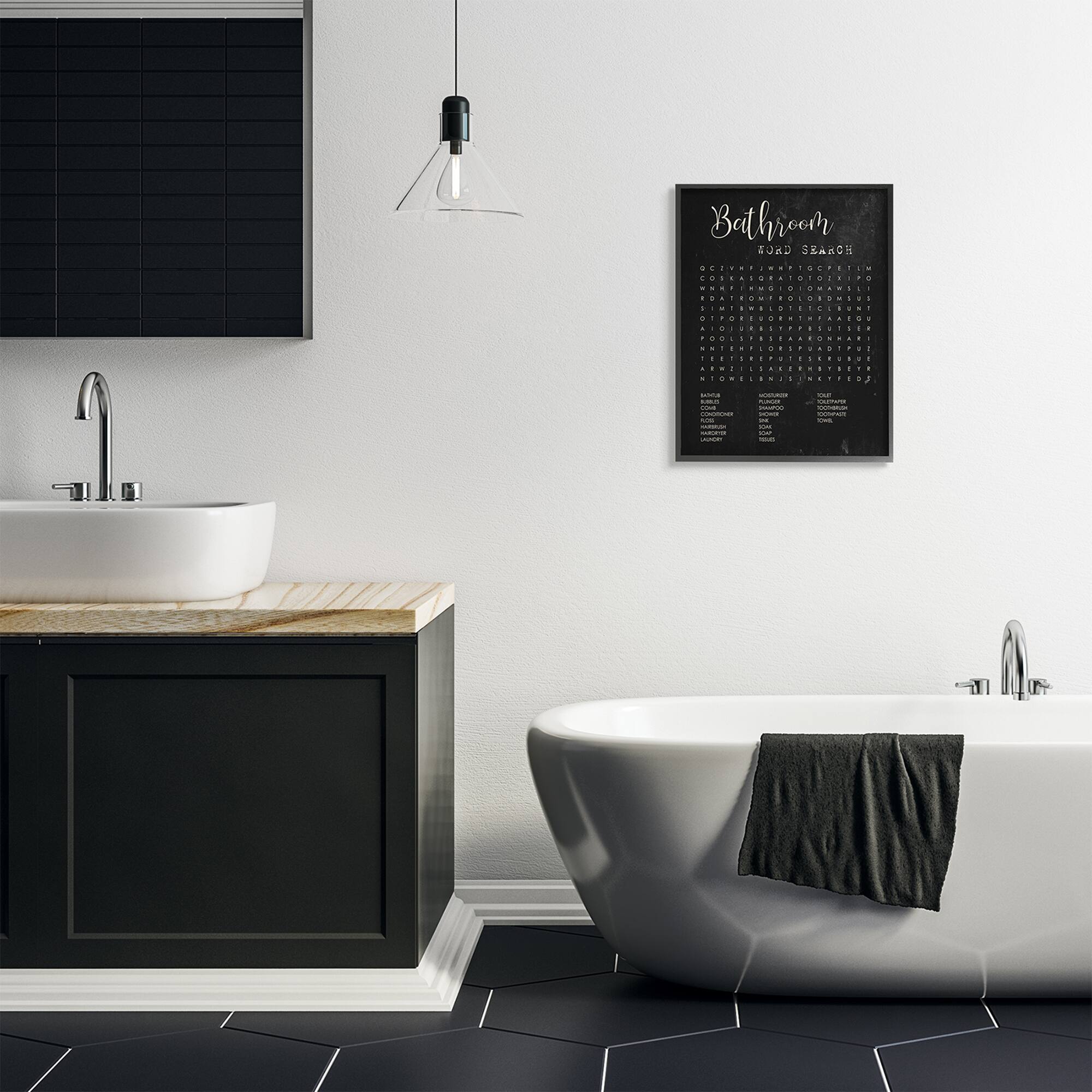 Stupell Industries Bathroom Word Search Activity over Distressed Black Framed Wall Art