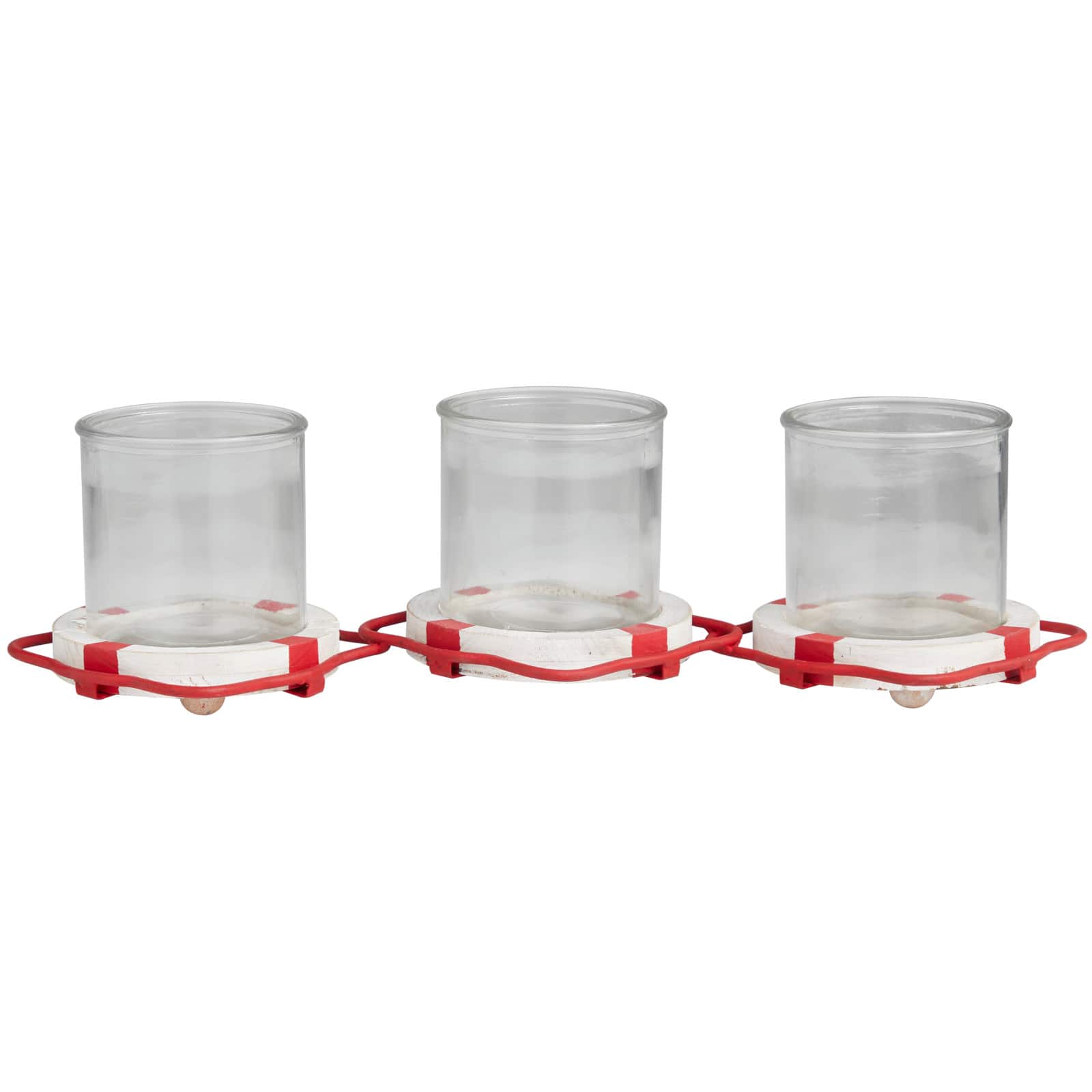 Red Metal Distressed 3-Linked Buoy Candle Holder with White Wood Accents