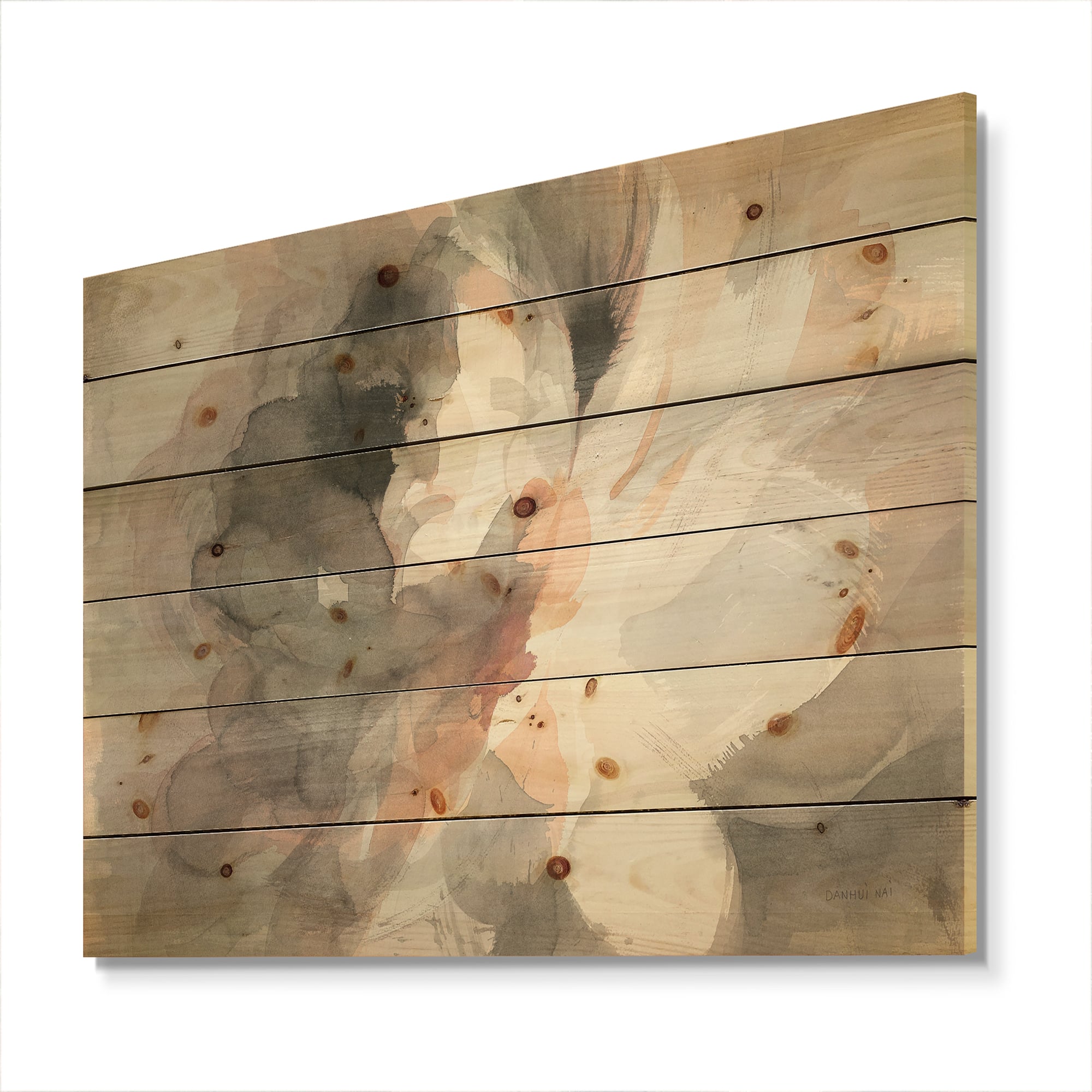 Designart - Abstract Peony Grey - Pink Modern Print on Natural Pine Wood