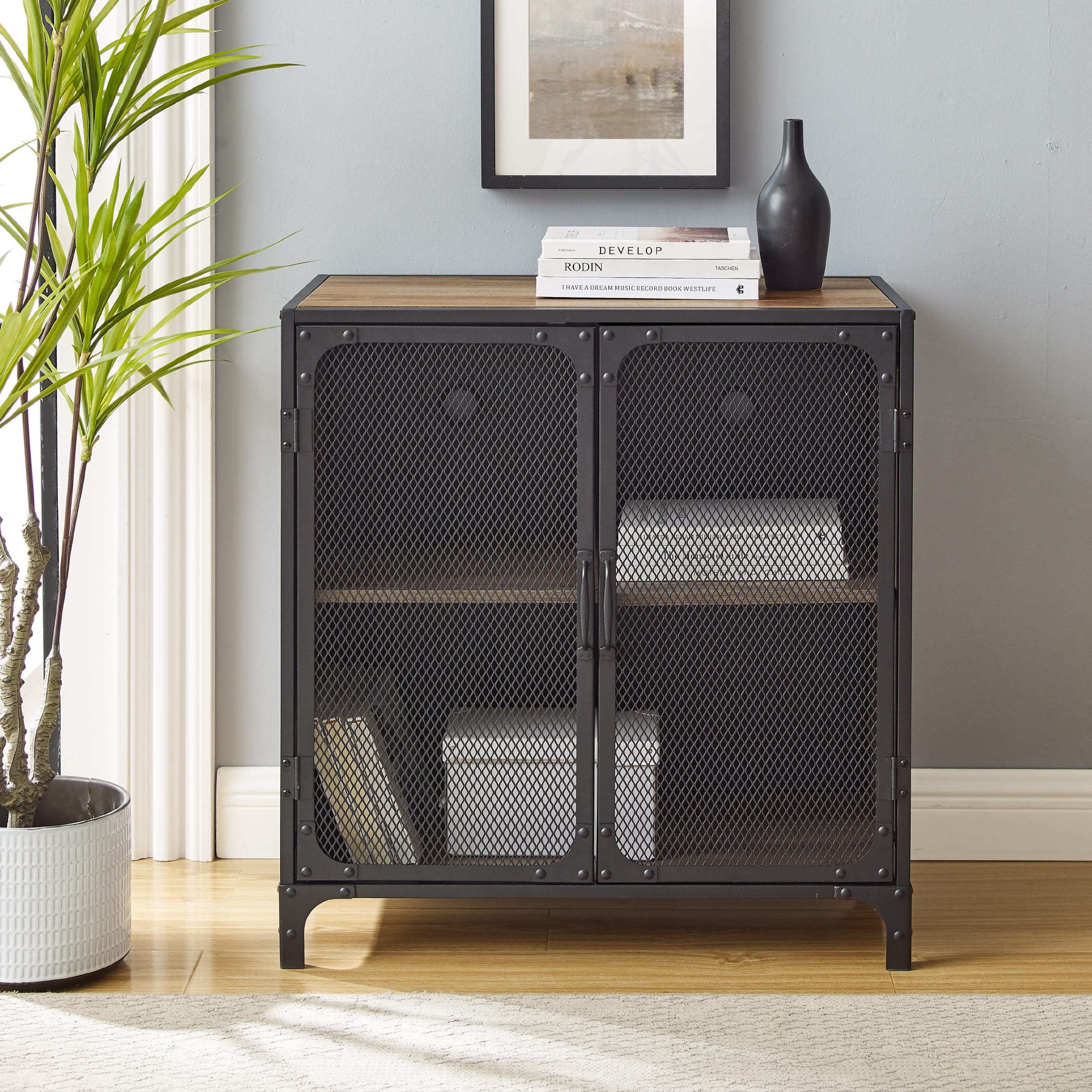 Walker Edison 30" Reclaimed Barnwood Industrial Mesh Metal Door Accent Cabinet