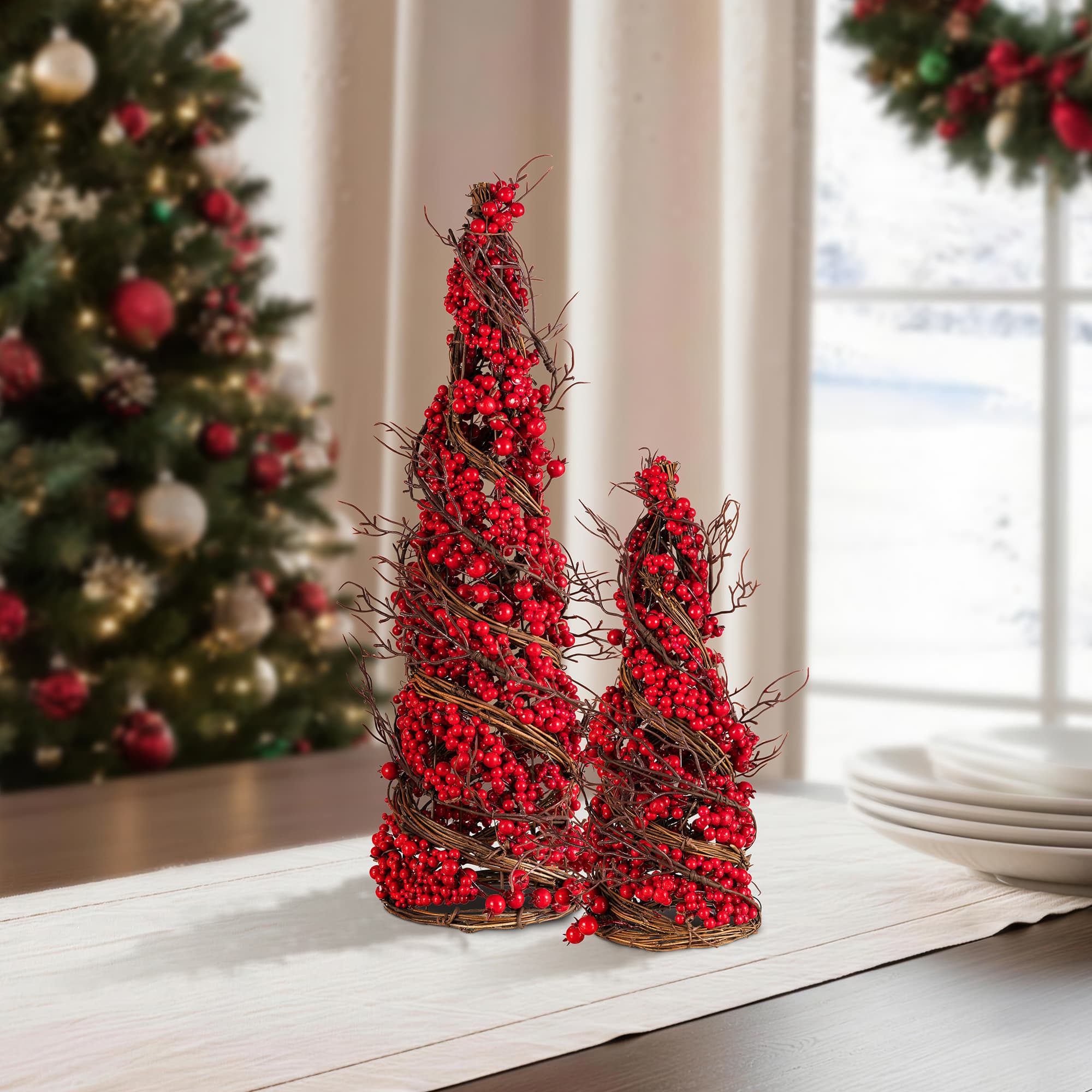 Glitzhome® Set of 2 24"/16" Christmas Red Berry Rattan Table Tree