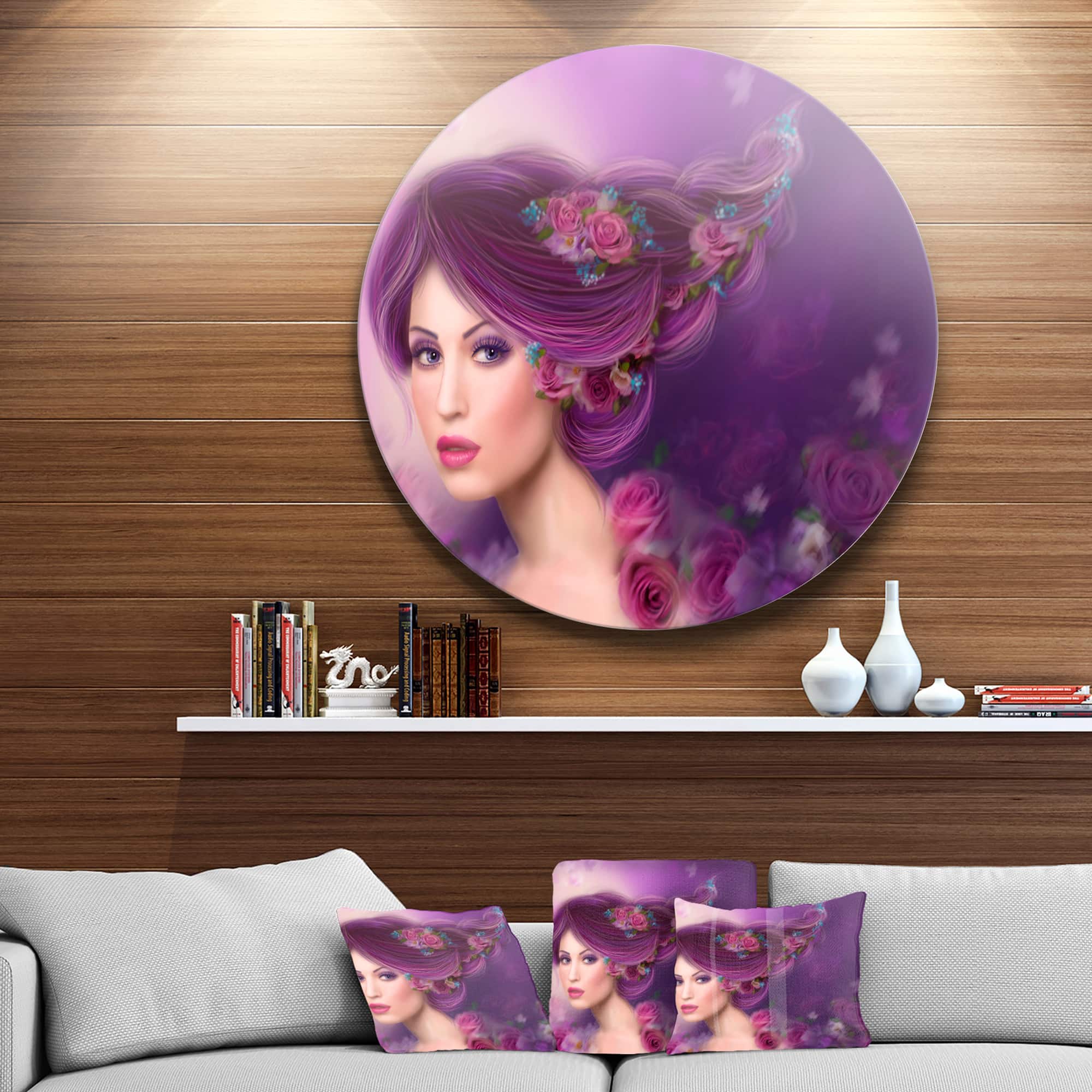 Designart - Woman with Purple Hair' Abstract Portrait Circle Metal Wall Art