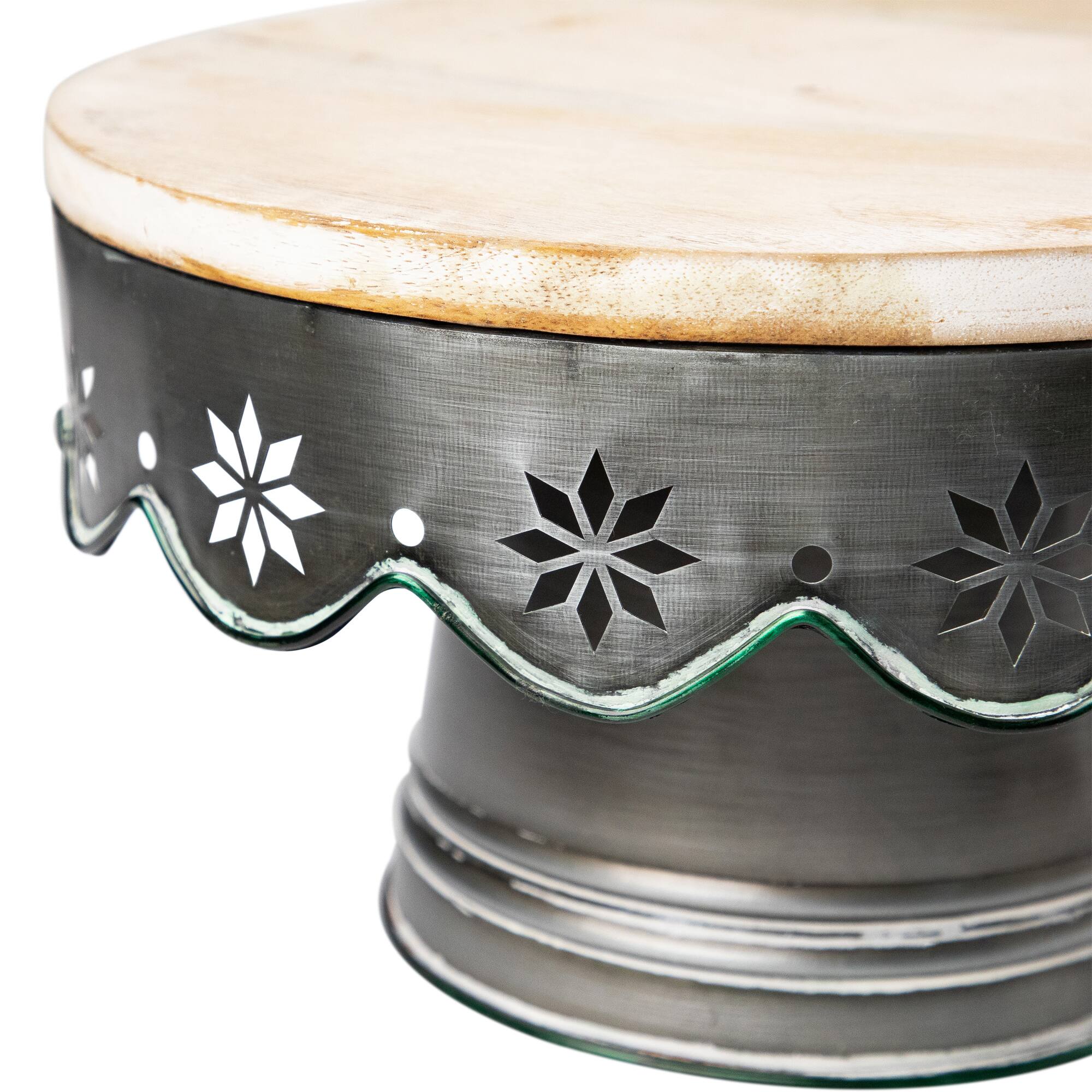12" Laser-Cut Snowflake Distressed Iron & Wood Cake Stand