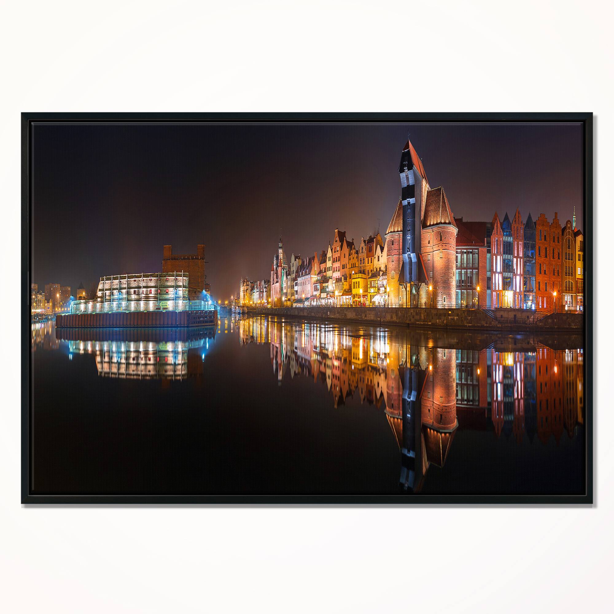 Designart - Panorama of Gdansk Old Town - Landscape Photography Canvas Print in Black Frame