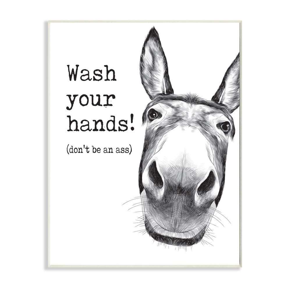 Stupell Industries Wash Your Hands Donkey Quote Bathroom Animal Humor Wood Wall Plaque