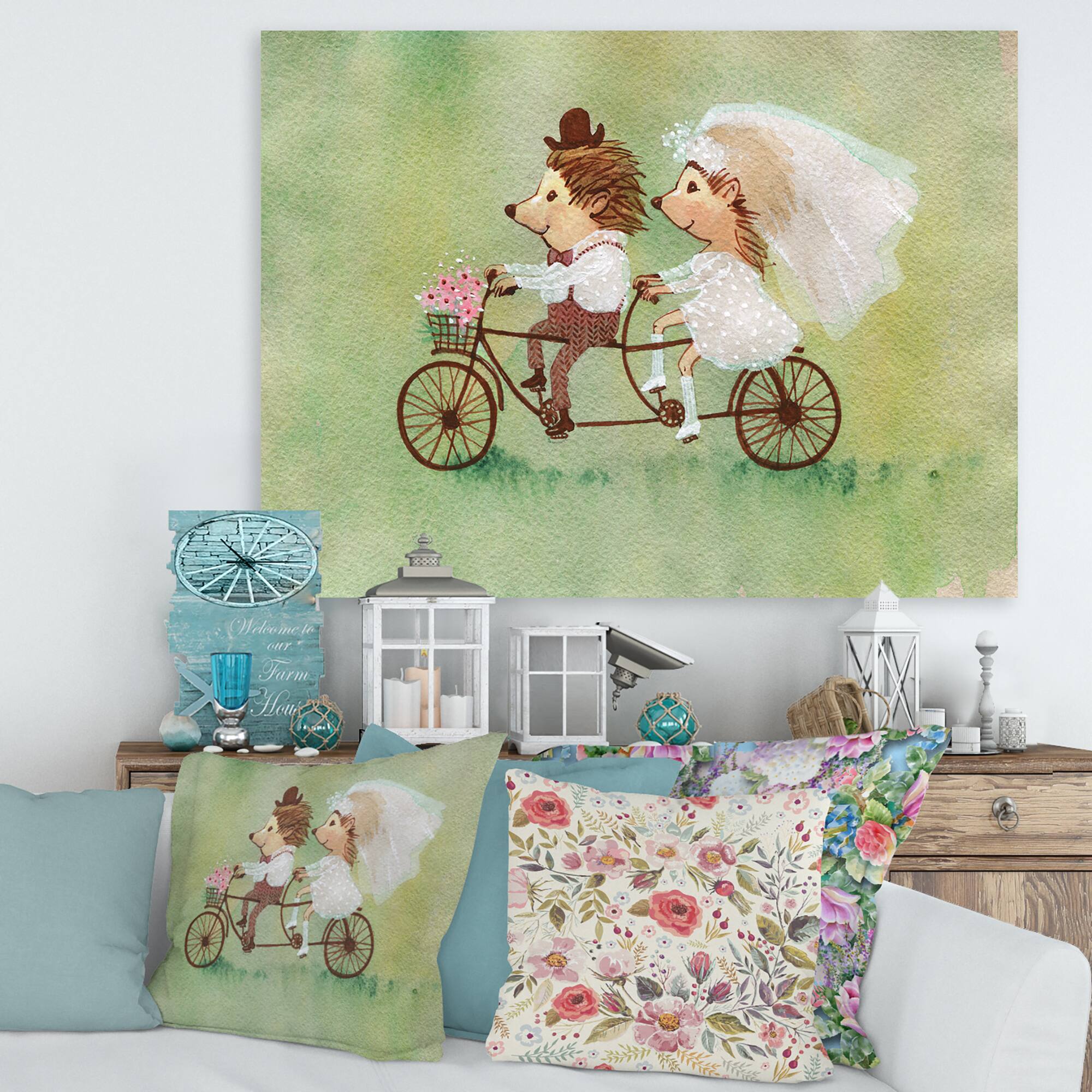 Designart - Couple of Hedgehogs Riding A Bike - Traditional Canvas Wall Art Print