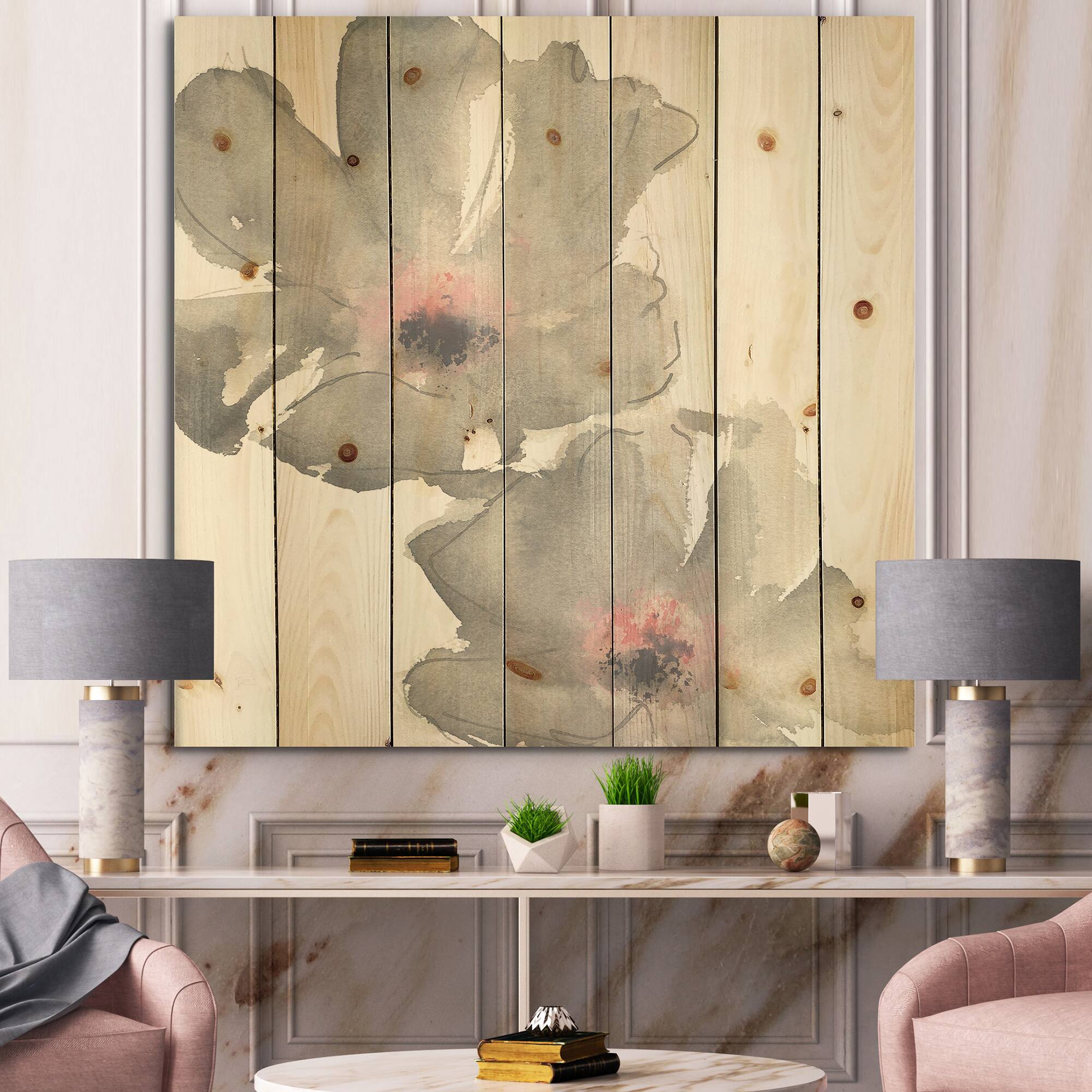 Designart - Shabby Gray Blush Cosmo II - Shabby Chic Print on Natural Pine Wood