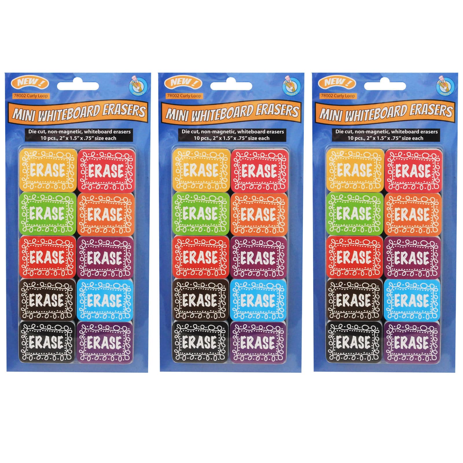 Ashley Productions Non-Magnetic Mini Chalk Loop Whiteboard Erasers, 3 Packs of 10