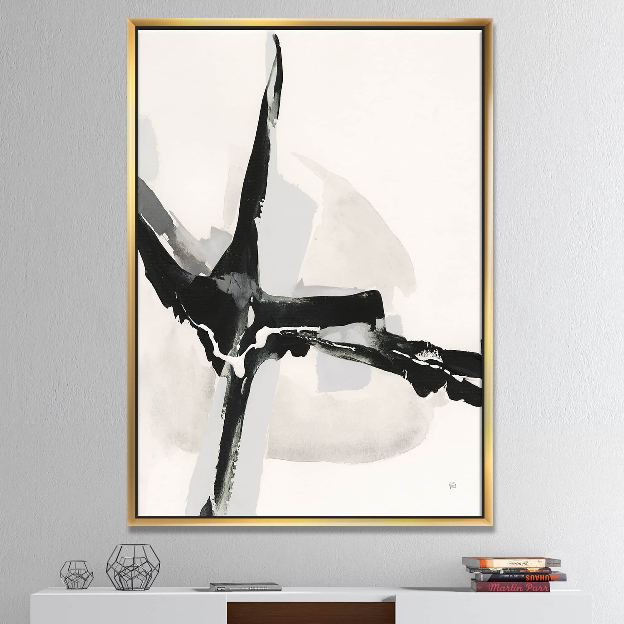 Designart - Abstract Neutral I - Mid-Century Modern Canvas in Gold Frame