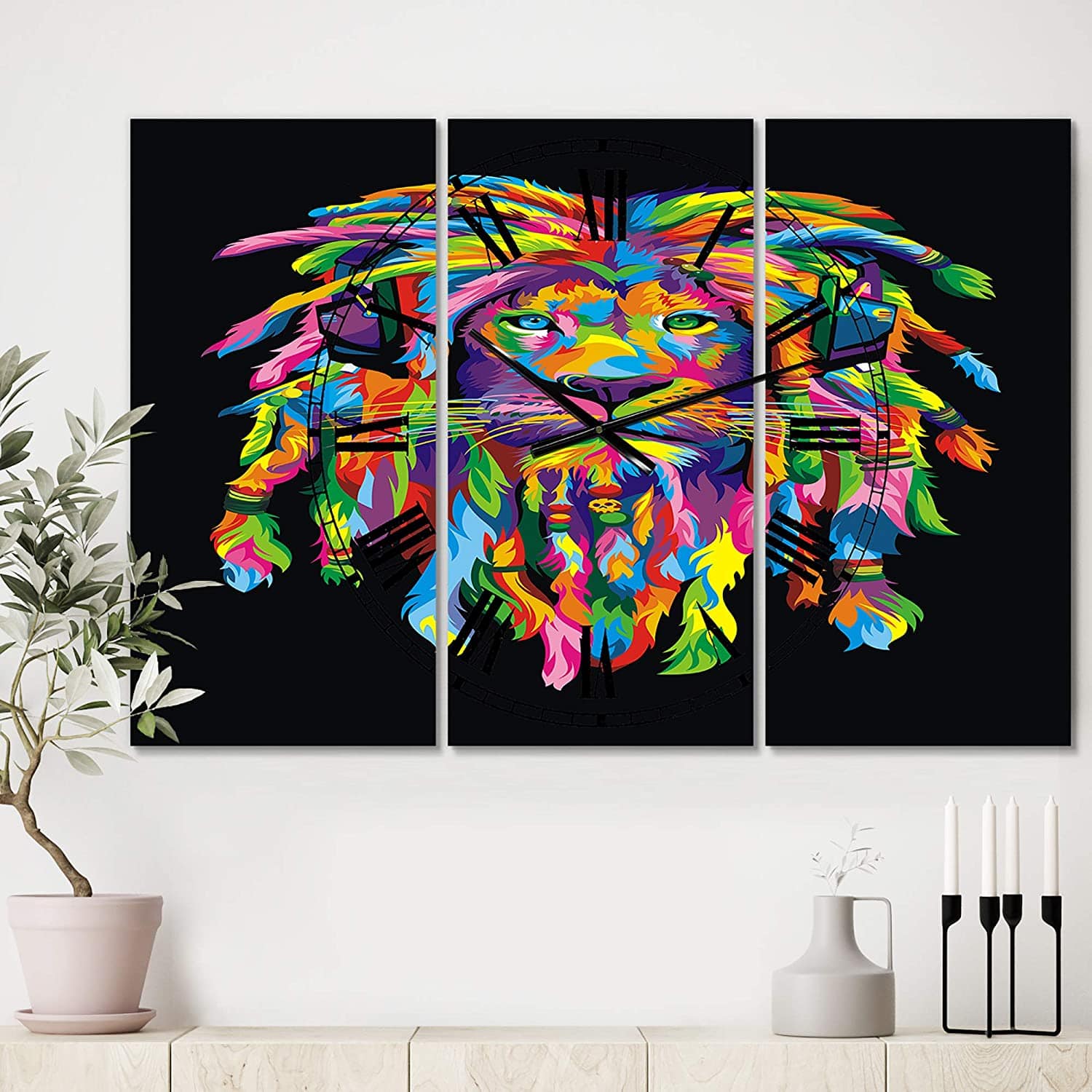 Designart Lion Rasta Oversized Modern 3 Panel Wall Clock