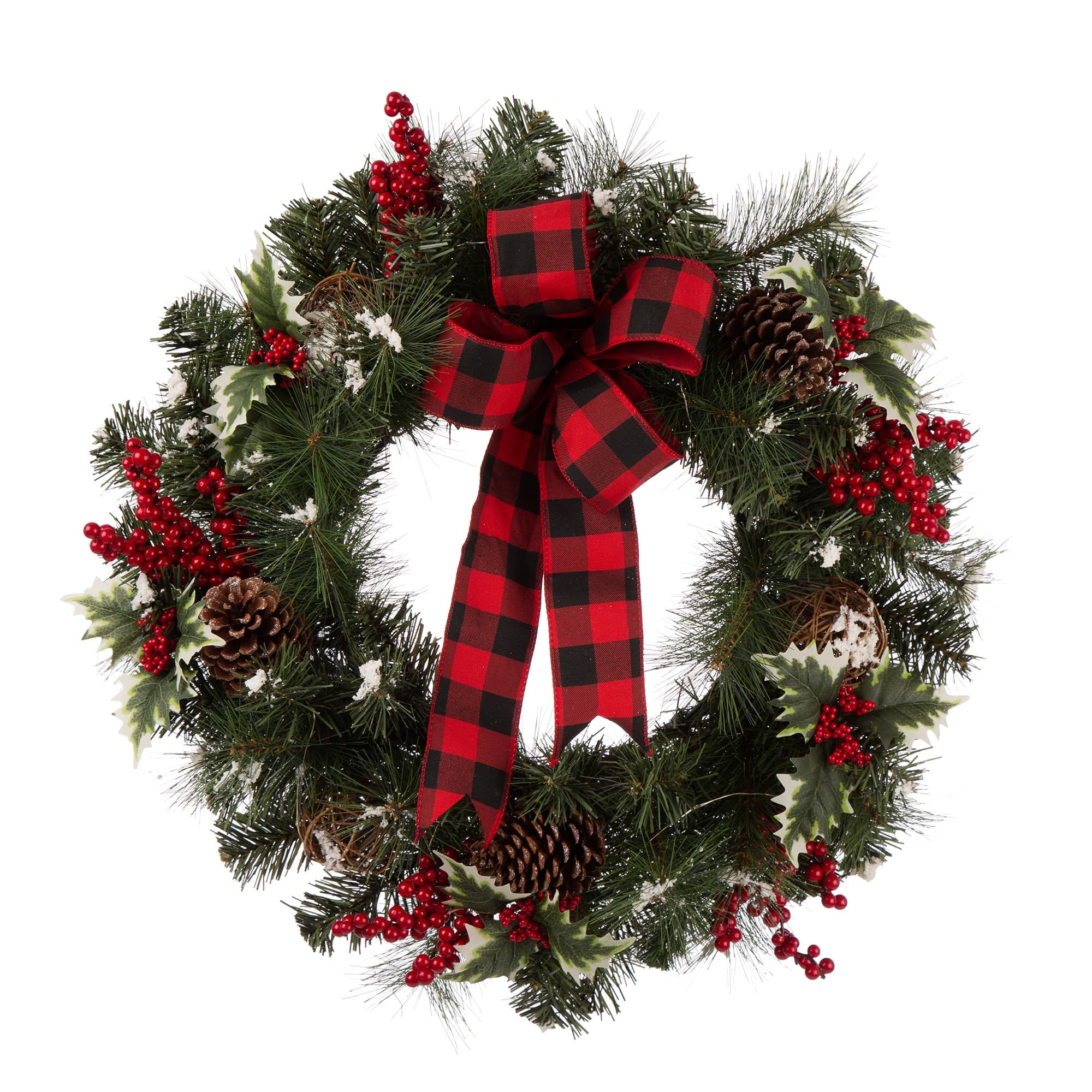 Glitzhome 24" Pre-Lit Buffalo Check Bow, Berry, Holly & Pinecone LED Wreath