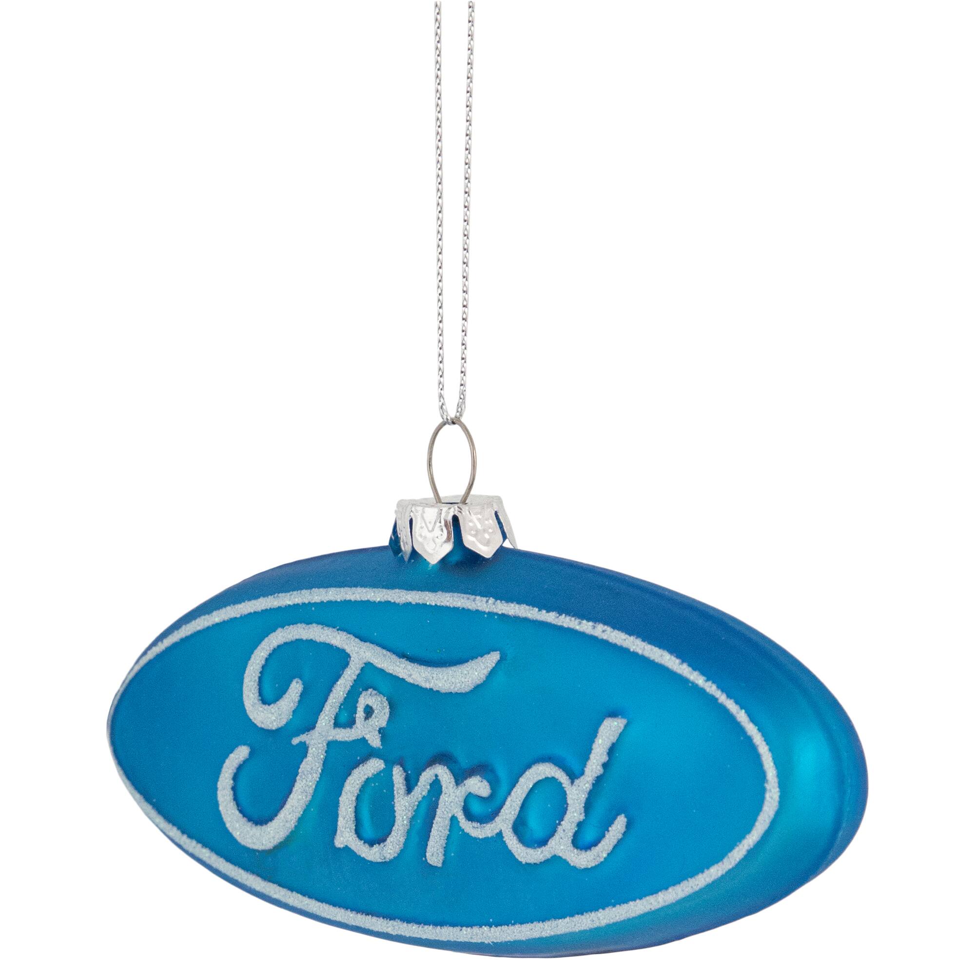 5" Glittered Blue & White Ford Logo Glass Ornament