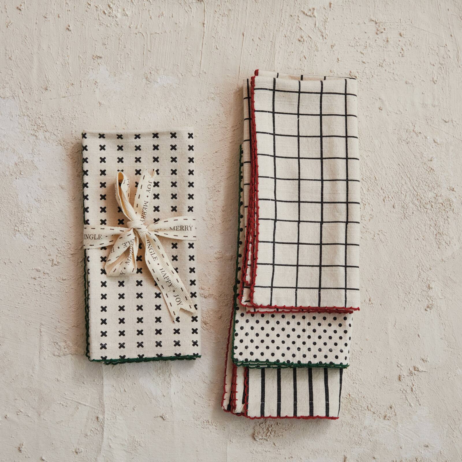 Hello Honey® Black & Natural Mixed Pattern Cotton Fabric Napkin Set with Red & Green Stitched Edges