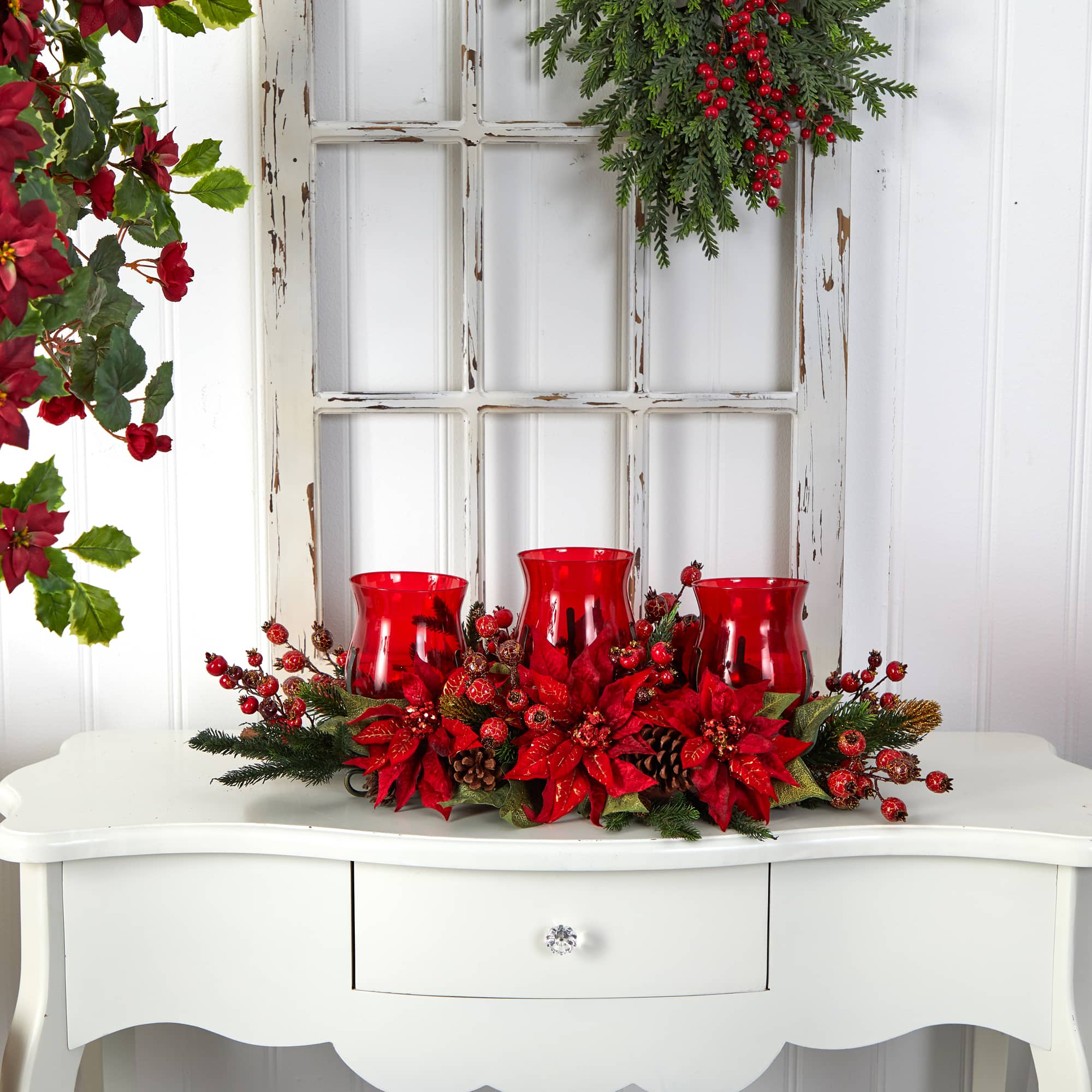 Poinsettia & Berry Triple Candelabrum Artificial Arrangement