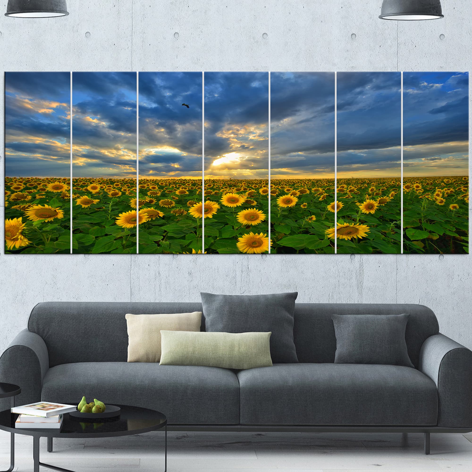 Designart - Beauty Sunset over Sunflowers - Landscape Canvas Art Print