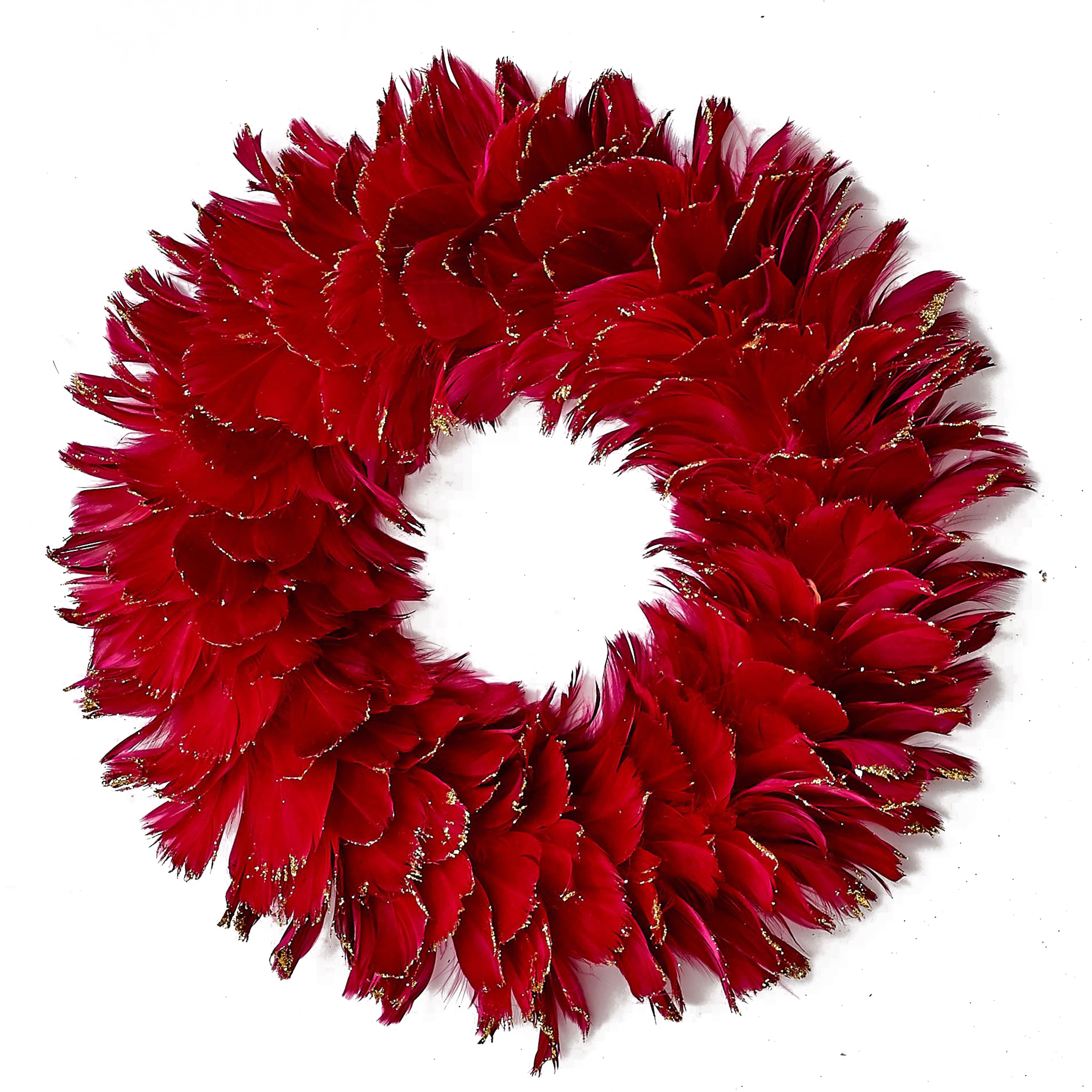 12" x 12" Red Feather Christmas Wreath with Glitter Tips