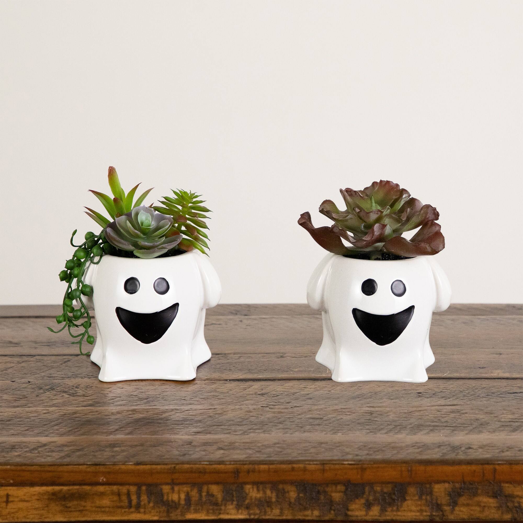 5" Artificial Halloween Succulent Garden in Happy Ghost Planters Set