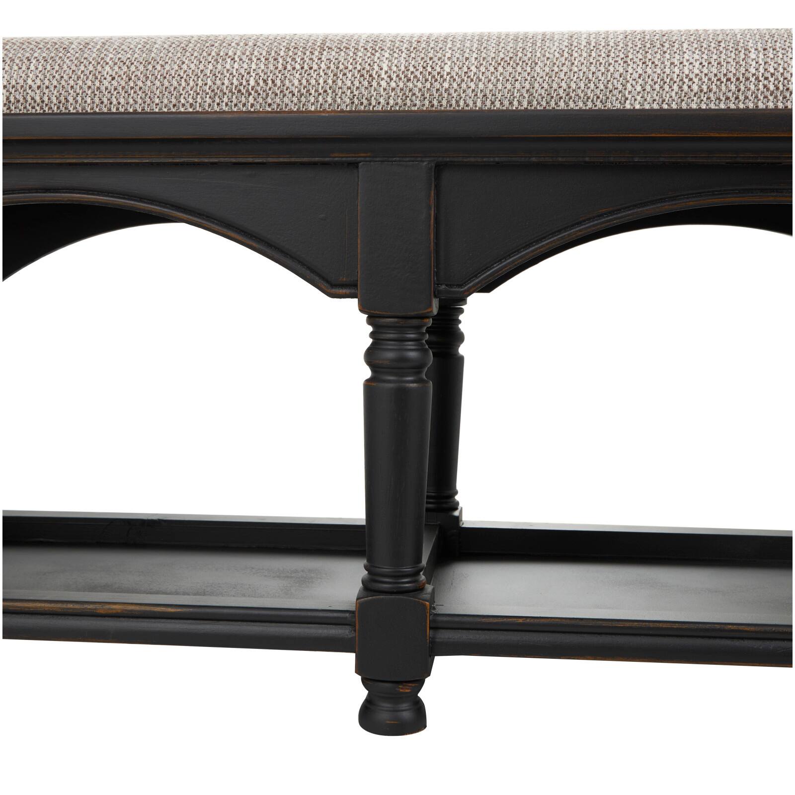 59" Black & Beige Fabric Arched Storage Bench with Traditional Turned Legs