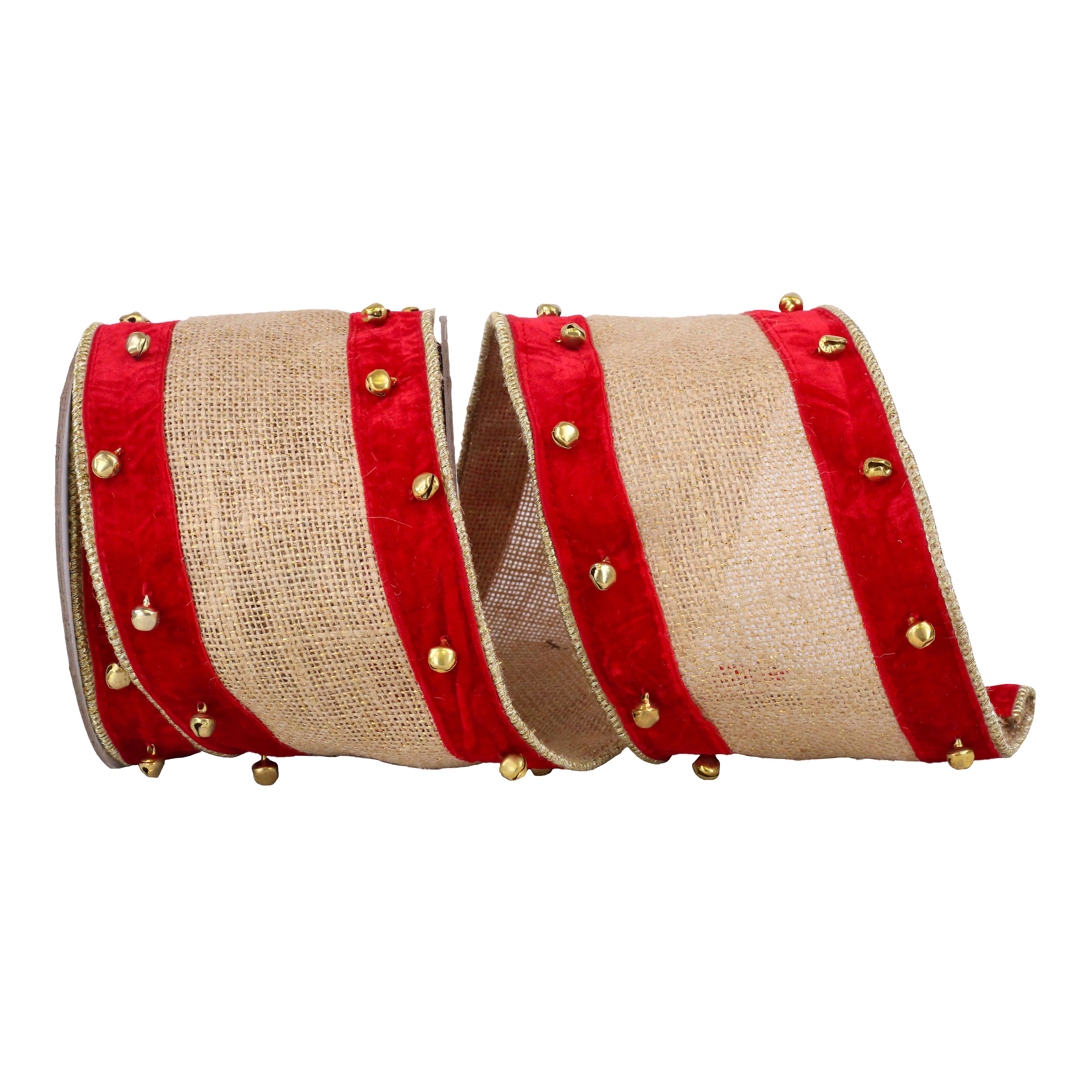 JAM Paper 4" x 5yd. Natural and Red Velvet Burlap and Bells Wired Edge Ribbon