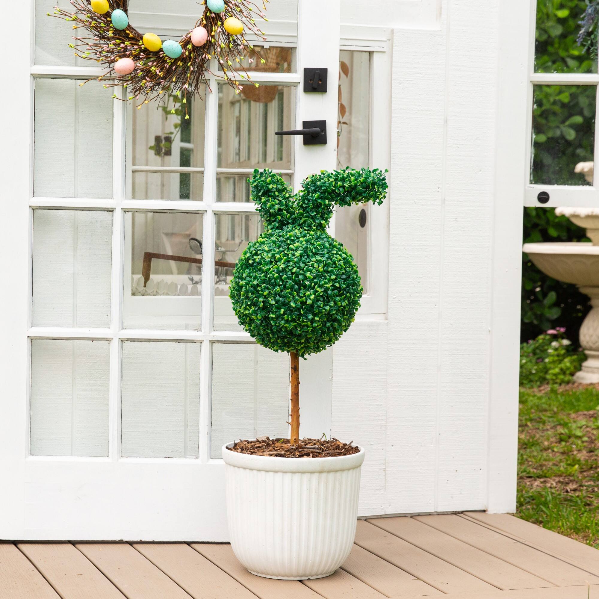2ft. UV Resistant Artificial Easter Bunny Boxwood Topiary with Integrated Ground Stake (Indoor/Outdoor) - Set of 2
