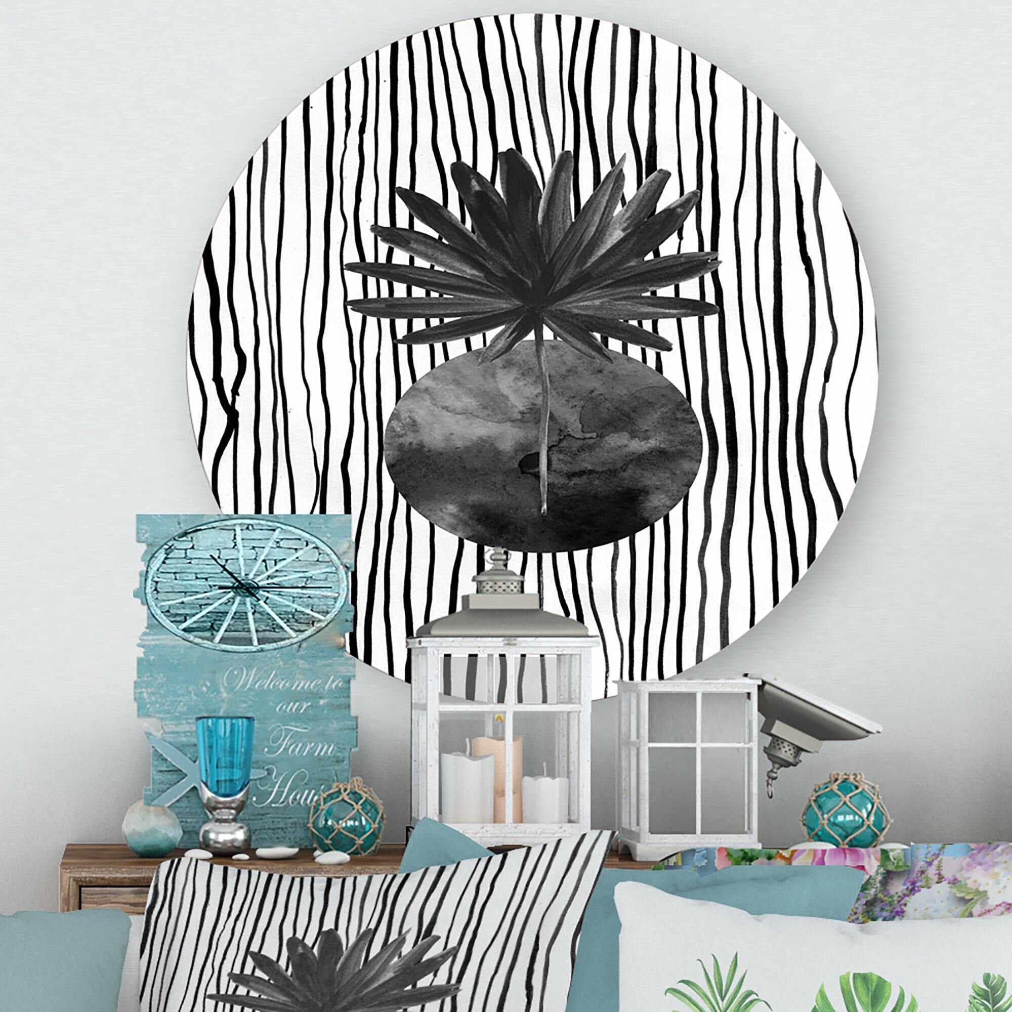 Designart - Black and White Tropical Leaf On Striped I - Modern Metal Circle Wall Art