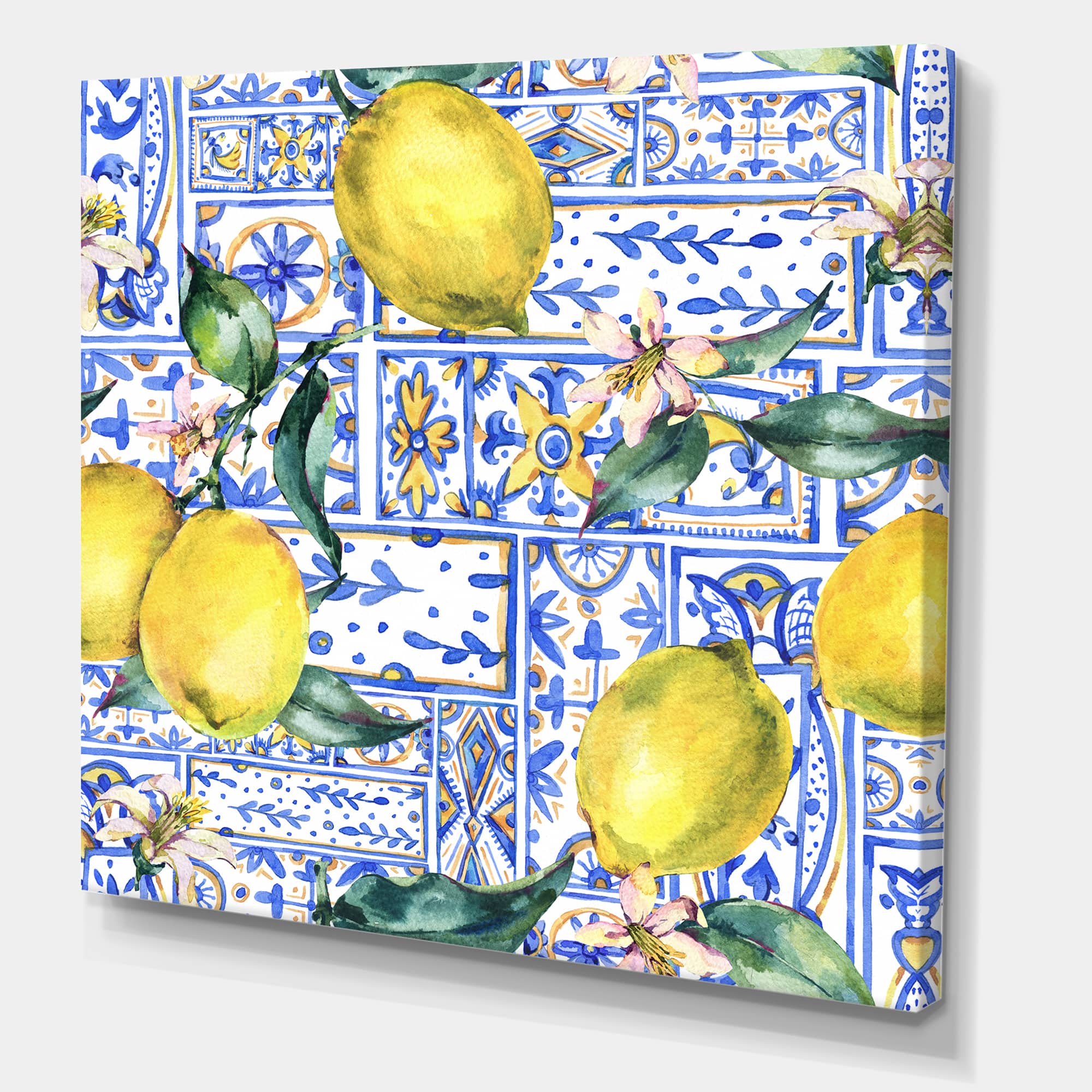 Designart - Lemon Ornament On Blue Geometrical Pattern I