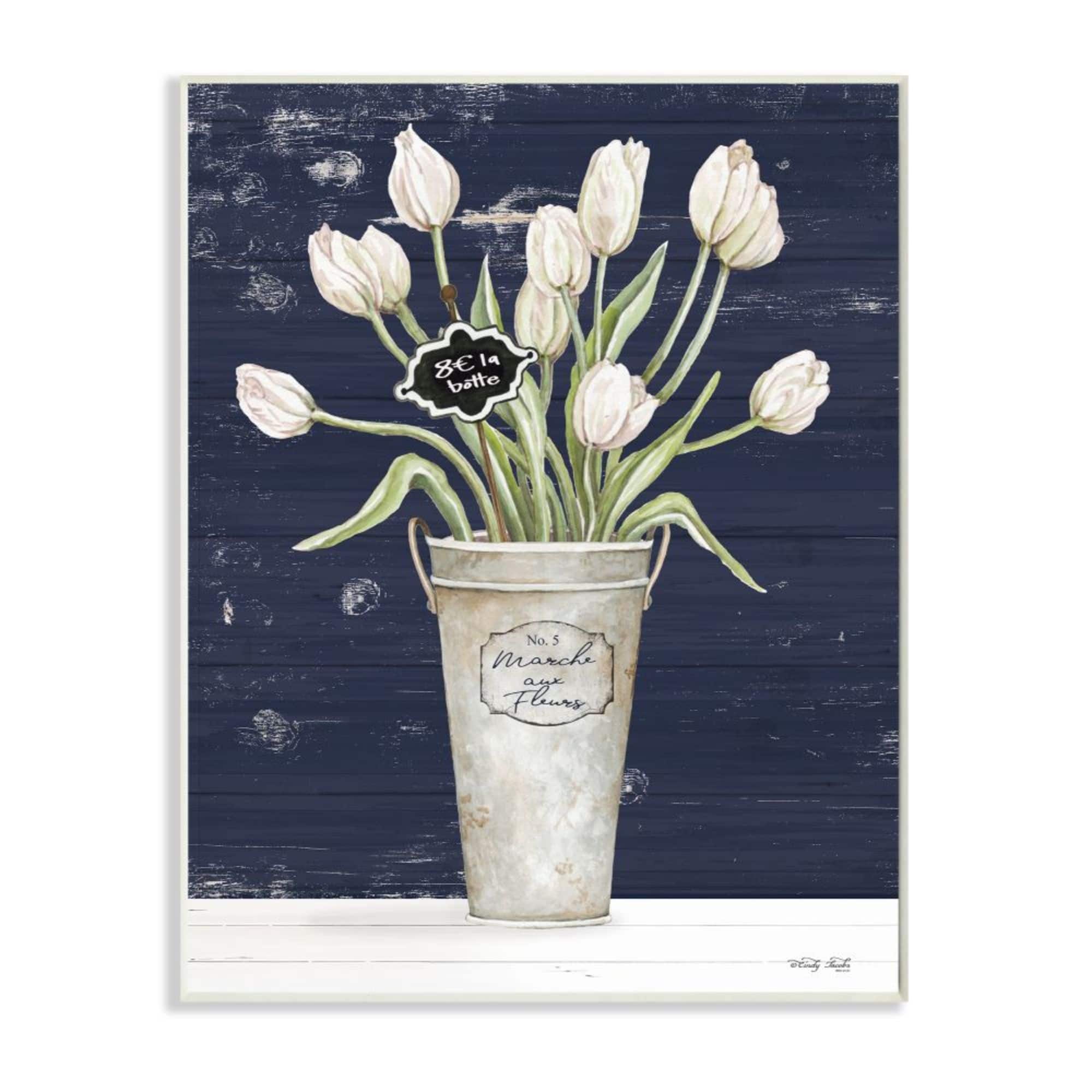 Stupell Industries Charming White Tulip Bouquet over Rustic Blue Wood Wall Plaque