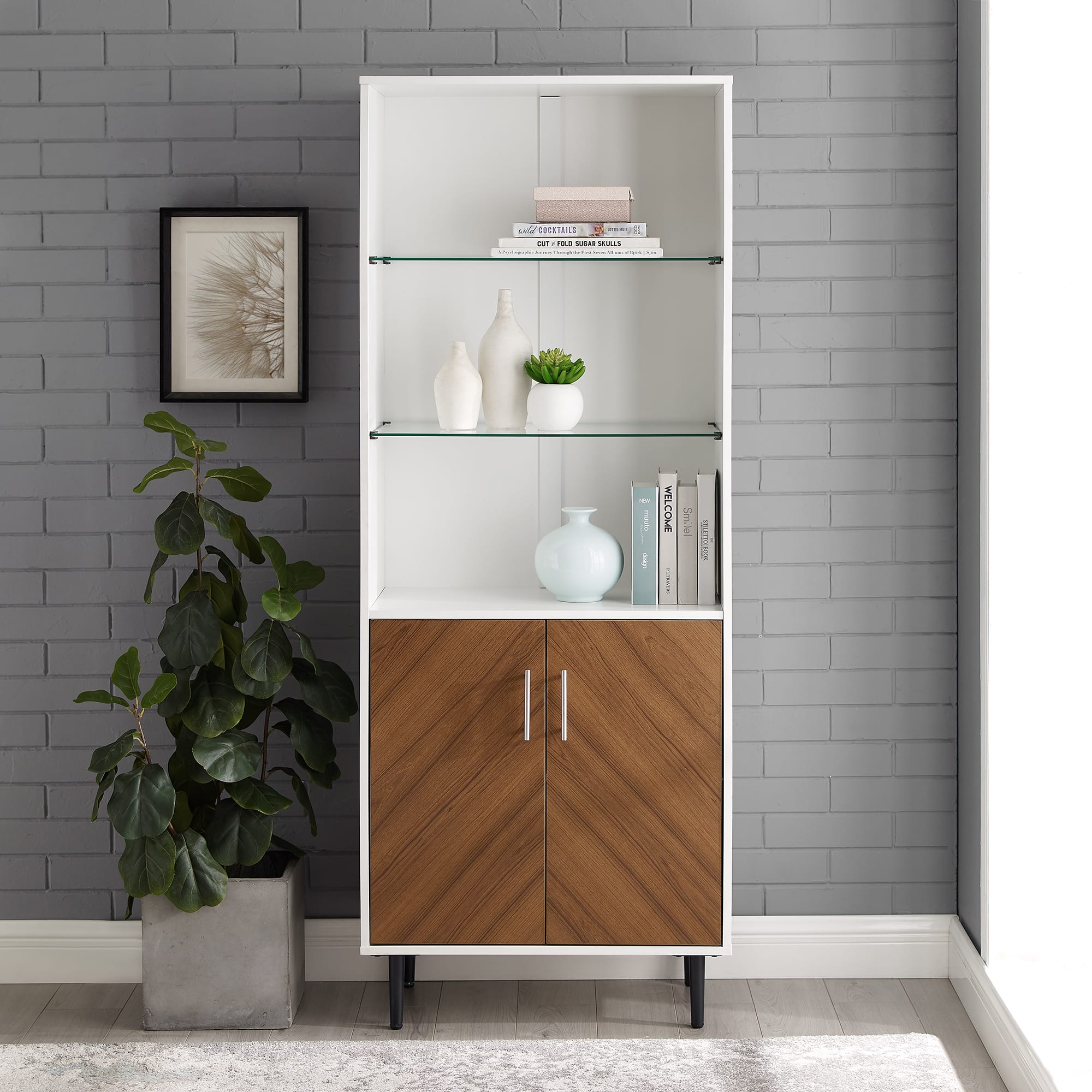 Walker Edison 68" Solid White Hutch with Bookmatch Doors